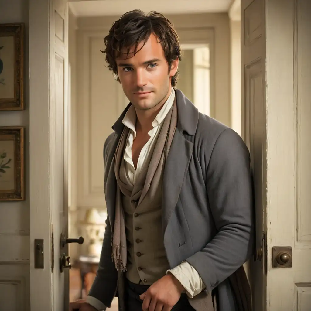 sexy Mr. Darcy , early 30  English, standing in a door way, lifestyle pose, sexy eyes, mischievous smile, 1800 cloths,scarf 
