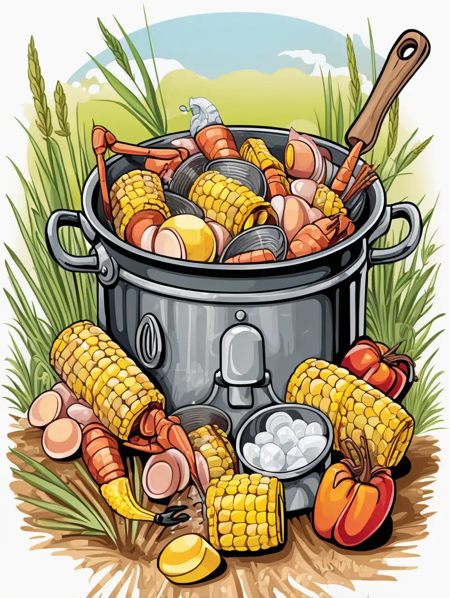 Vibrant Cartoon Low Country Boil Pot with Assorted Seafood