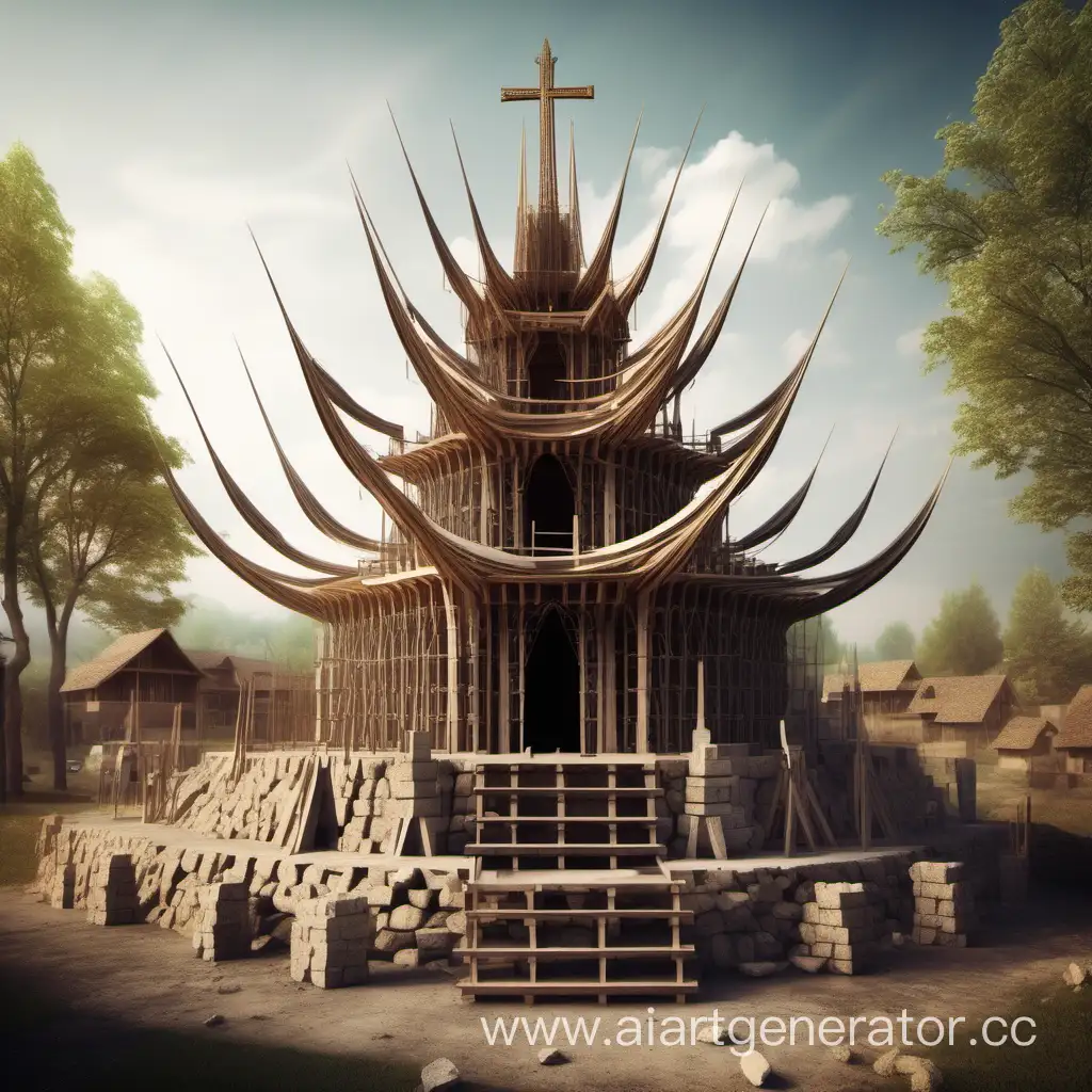 строительства храма гвоздей в средневековой деревне, фэнтэзи стиль, религиозные символы