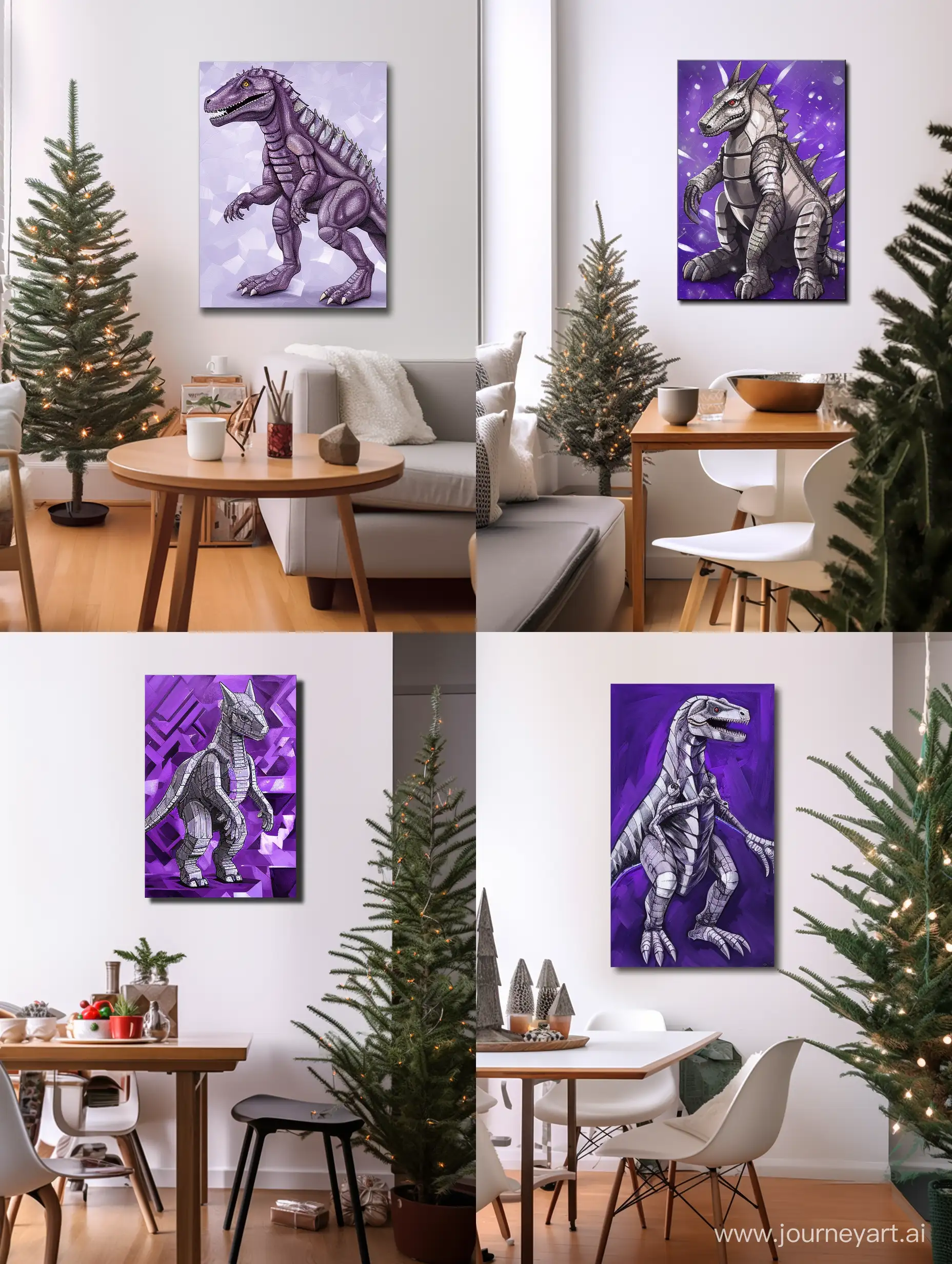 The robot furry protogen is a silver dinosaur with a dark purple display. he is a tyrannosaurus robot, he is made of metal and his eyes are glowing, purple with silver, climbs on a Christmas tree to get a star, painted with paint on canvas, children's drawing style
Abstract Expressionist Style