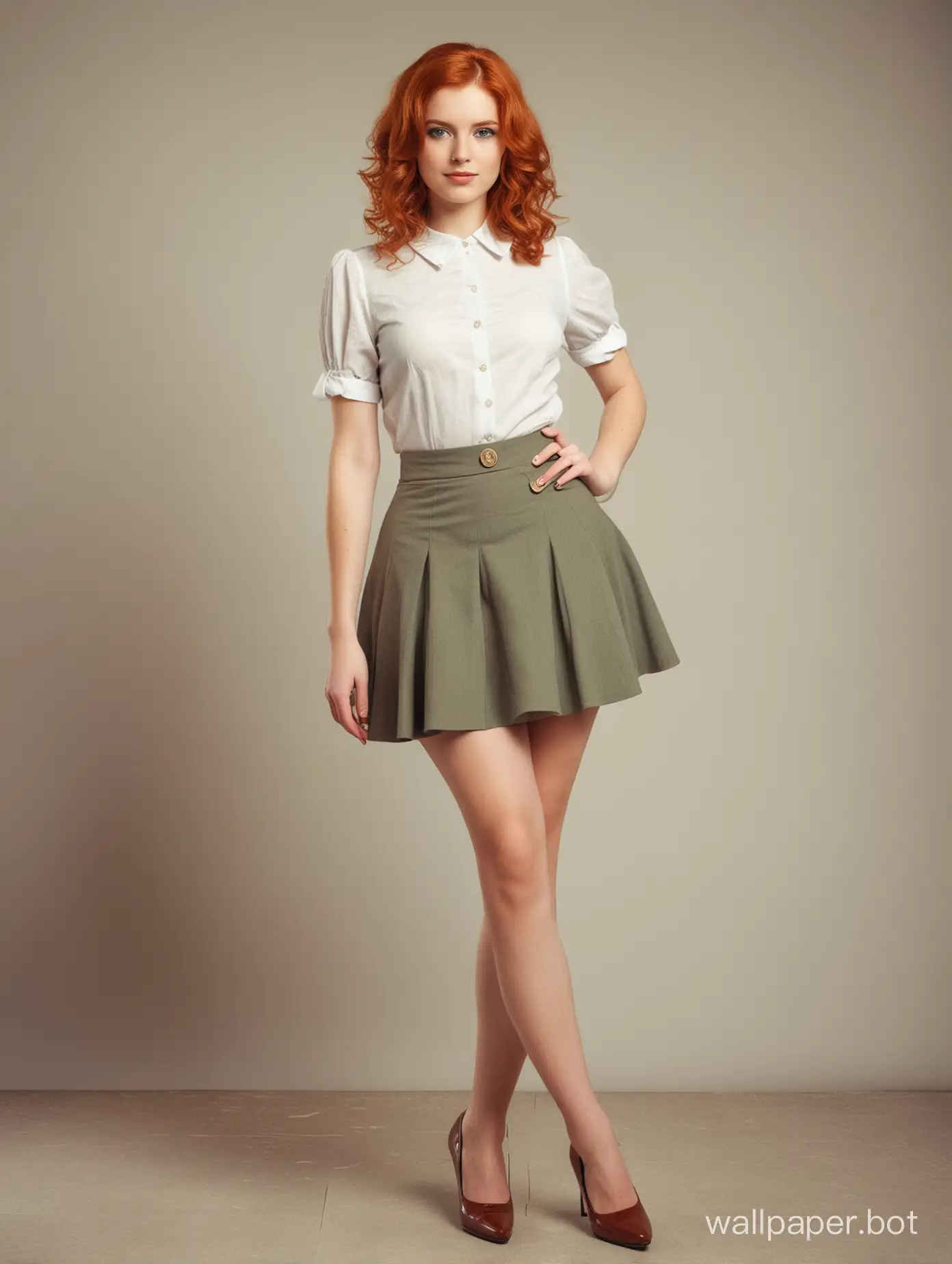 Vintage style. Young lady standing full body. Redhead with green eyes. shortskirt, wadge heels