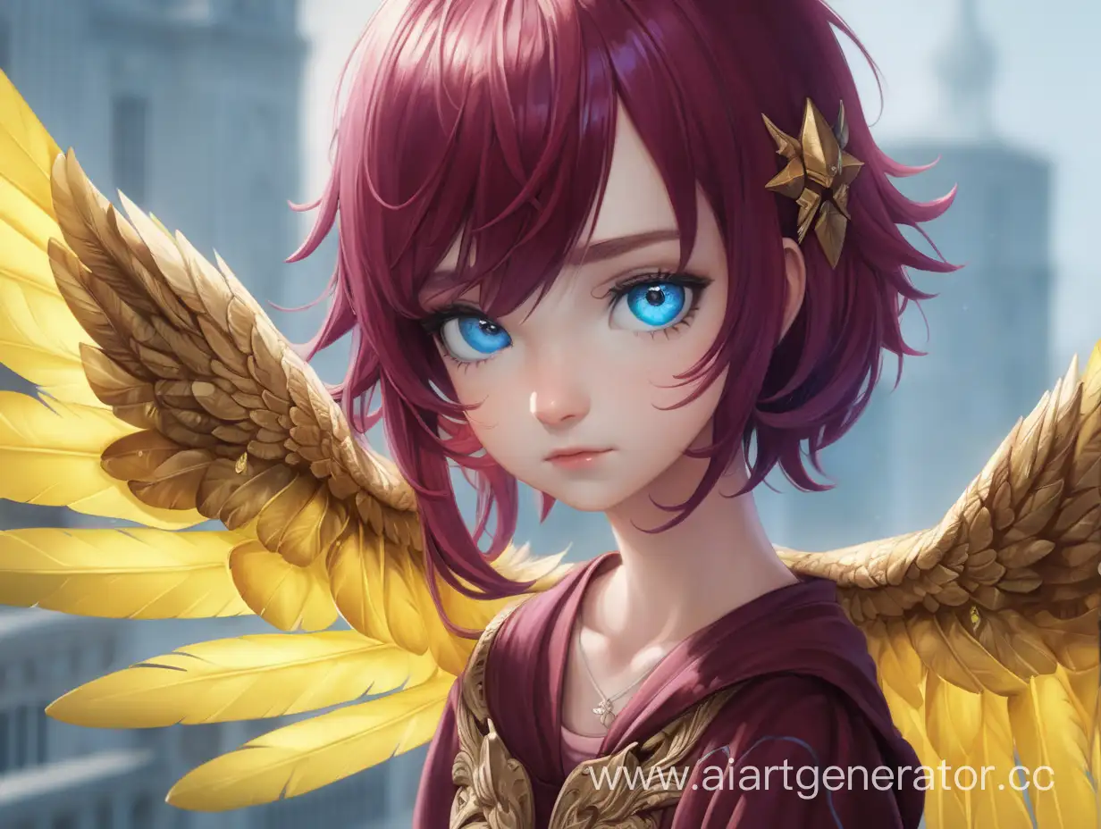 Girl with yellow wings and burgundy hair with blue eyes