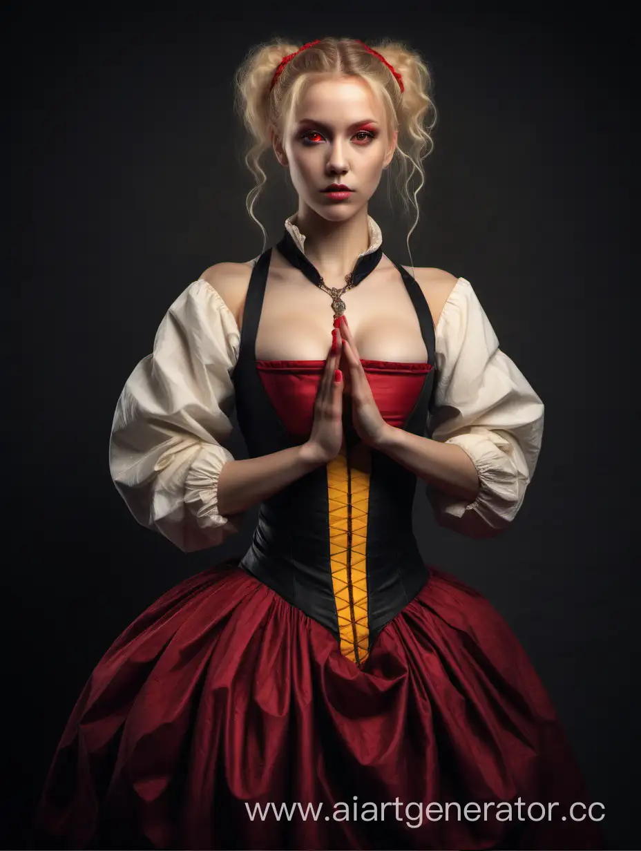 Beautiful seductive young woman, Renaissance, blonde, red eyes, hair gathered in a low ponytail, black with red and yellow Renaissance dress, Vitruvian Man, 4 hands, cunning