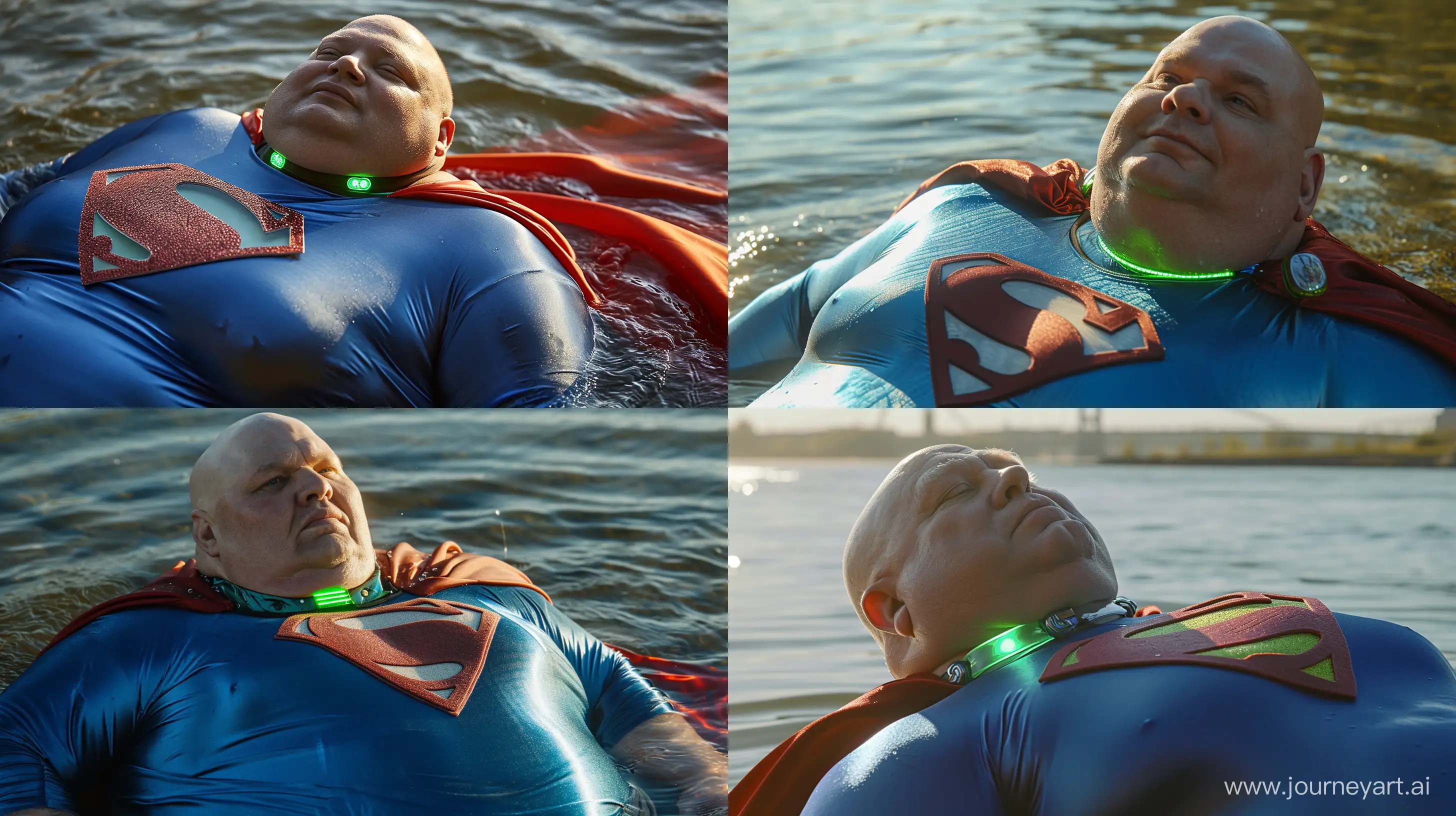 Close-up photo of a chubby man aged 60 wearing a tight blue silky superman costume with a large red cape and a green glowing small short dog collar lying on his back in the water. River Outside. Natural light. Bald. Clean Shaven. --style raw --ar 16:9 --v 6