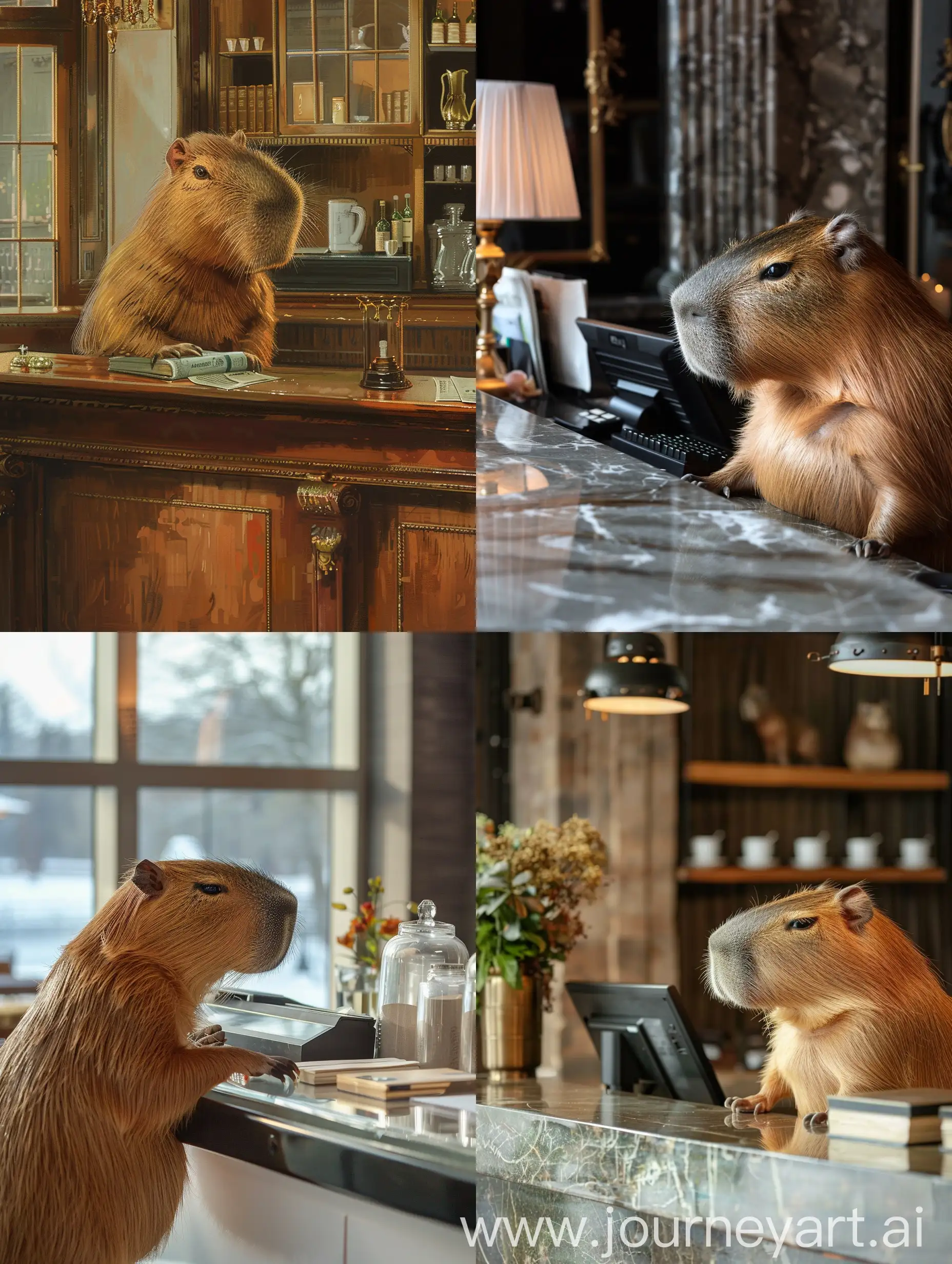 a beautiful capybara at the reception desk, she is working as administrator, five stars hotel, russia, scandic styles hotel