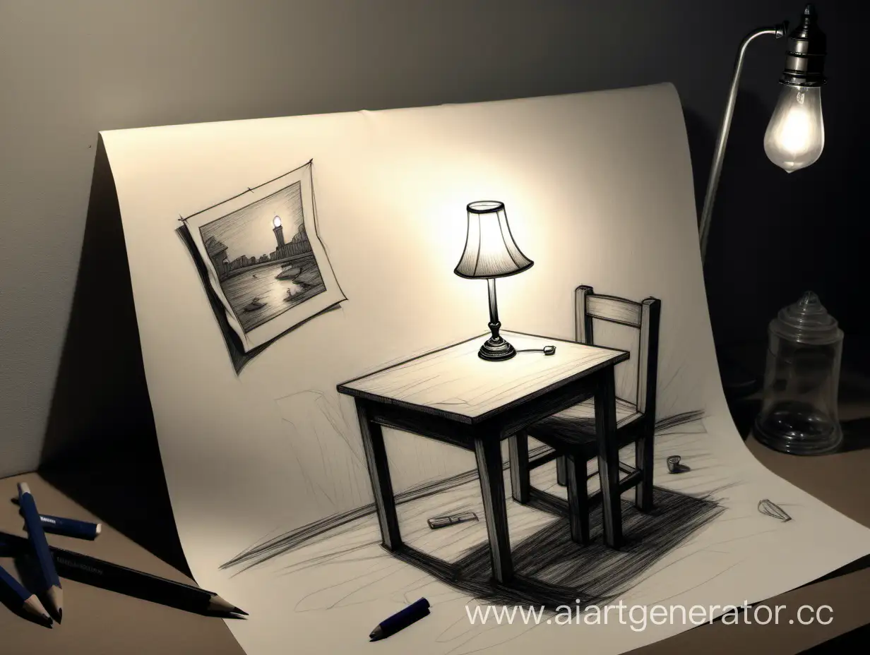 Нарисуй ультра реалистичную картинку где глубокая ночь и стоит стол и на нем обязательно есть один только простой карандаш , лампа , и набросок рисунка.Рядом несколько скомканных листочков