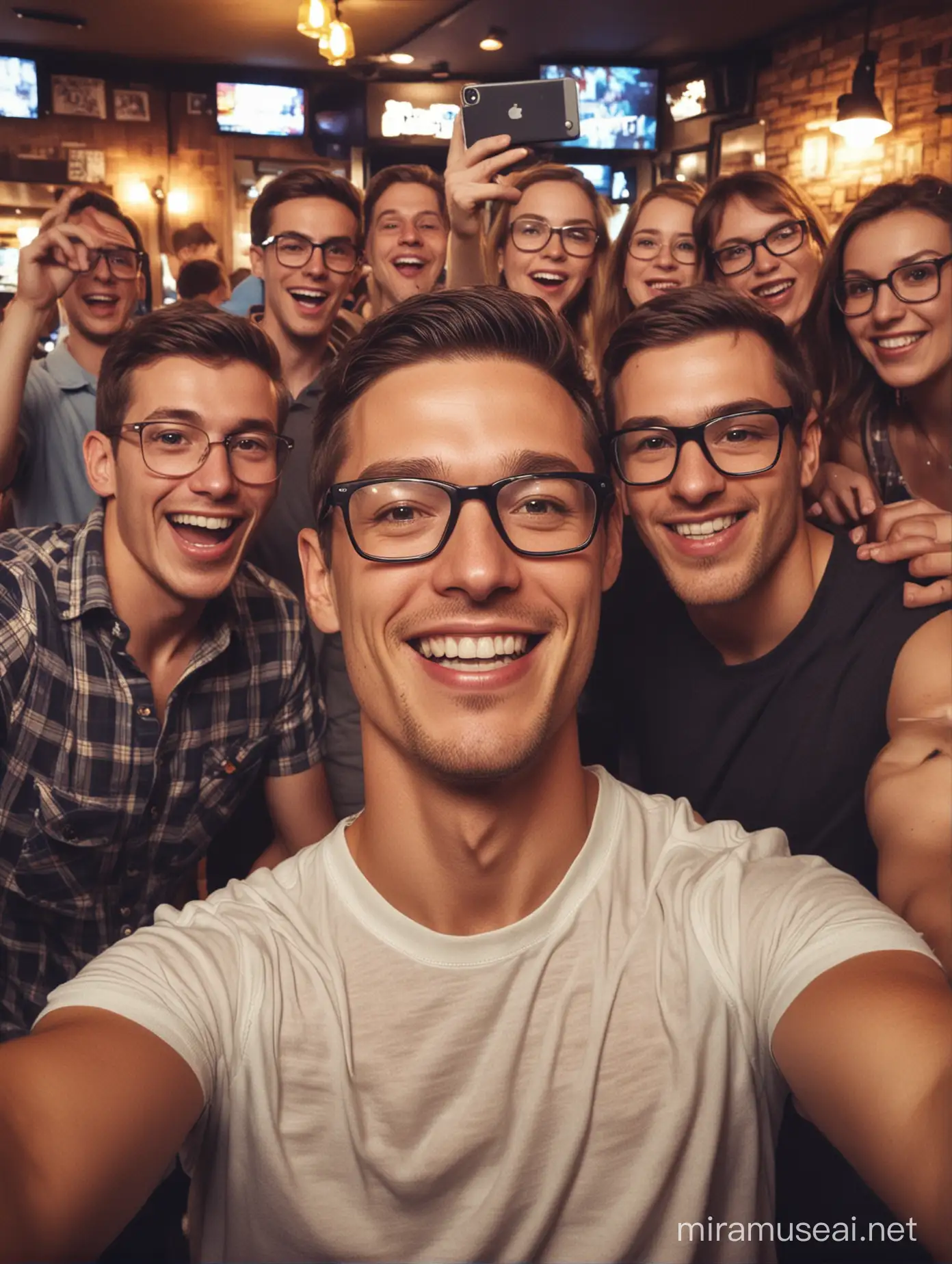 Selfie with flash nerdy guy in a busy bar dancing everyone dancing