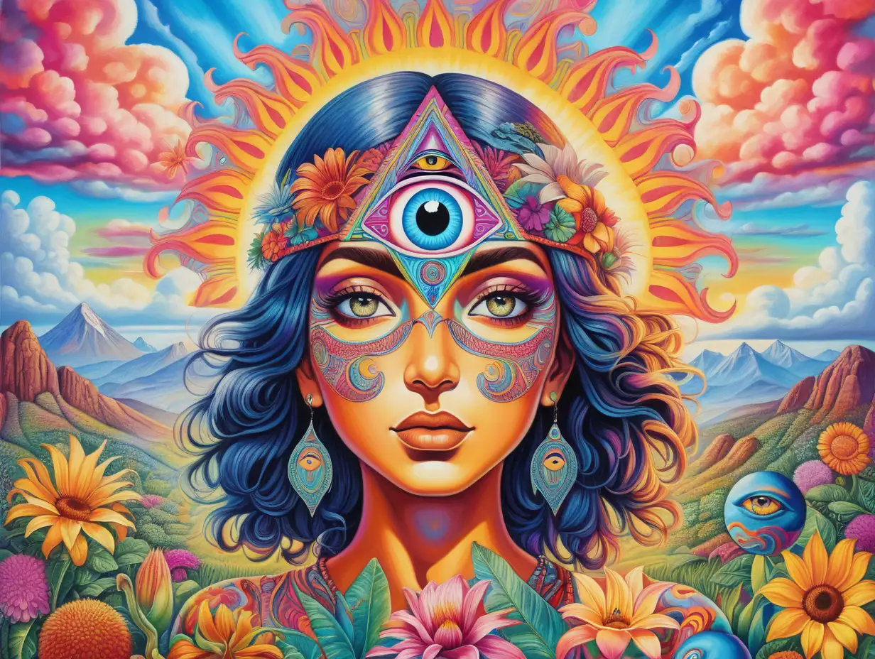 Psychedelic colors and patterns, flowers, sun, clouds, bright, vibrant colors in the back ground with an exotic woman with the all seeing third eye up front