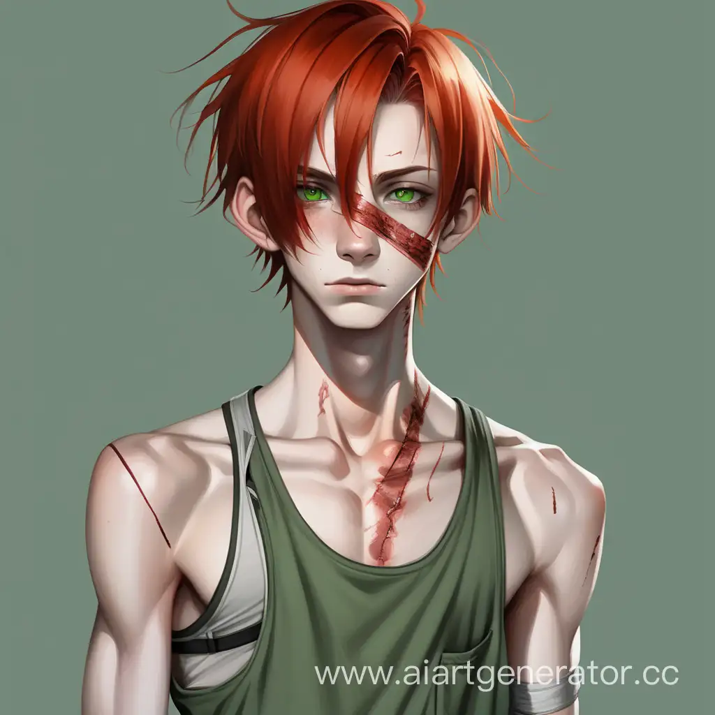 RedHaired-Teenager-with-Scars-Pale-GreenEyed-Youth-in-GrayGreen-Attire-with-Bandages