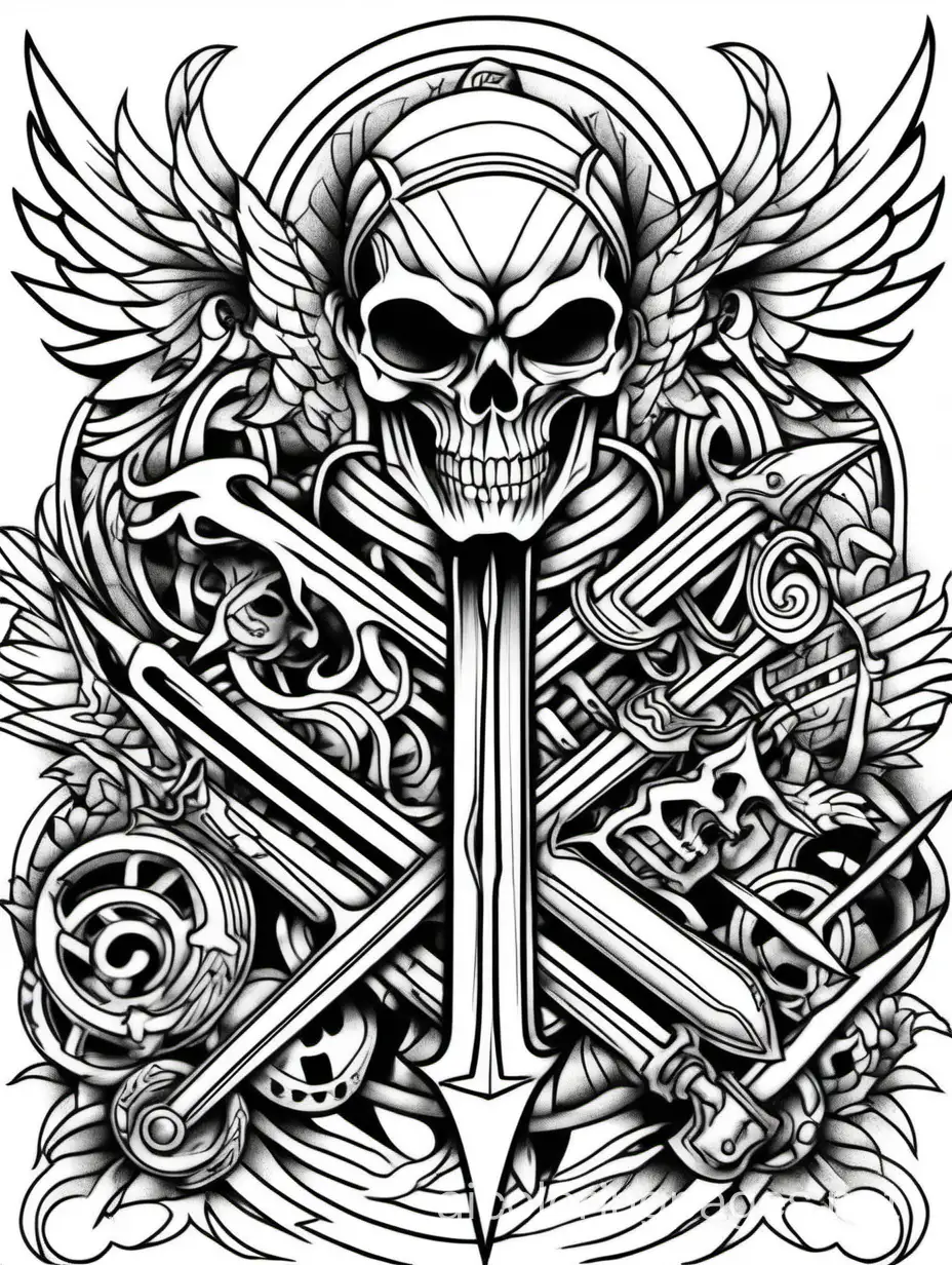 Tattoo, hardcore, heavy metal

, Coloring Page, black and white, line art, white background, Simplicity, Ample White Space. The background of the coloring page is plain white to make it easy for young children to color within the lines. The outlines of all the subjects are easy to distinguish, making it simple for kids to color without too much difficulty