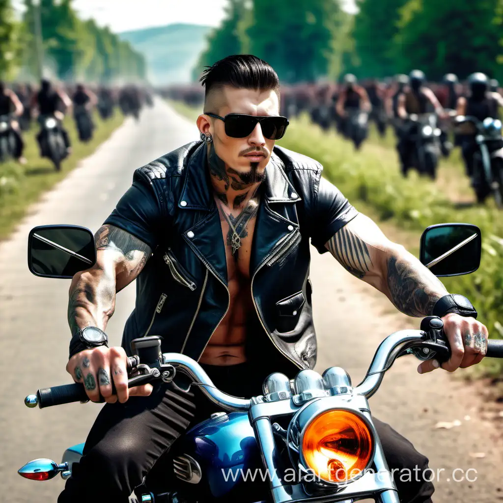 Muscule stylish bicker stay with tattoo in sunglass 
On a motorcycle away from a crowd of zombies around
In the countryside 