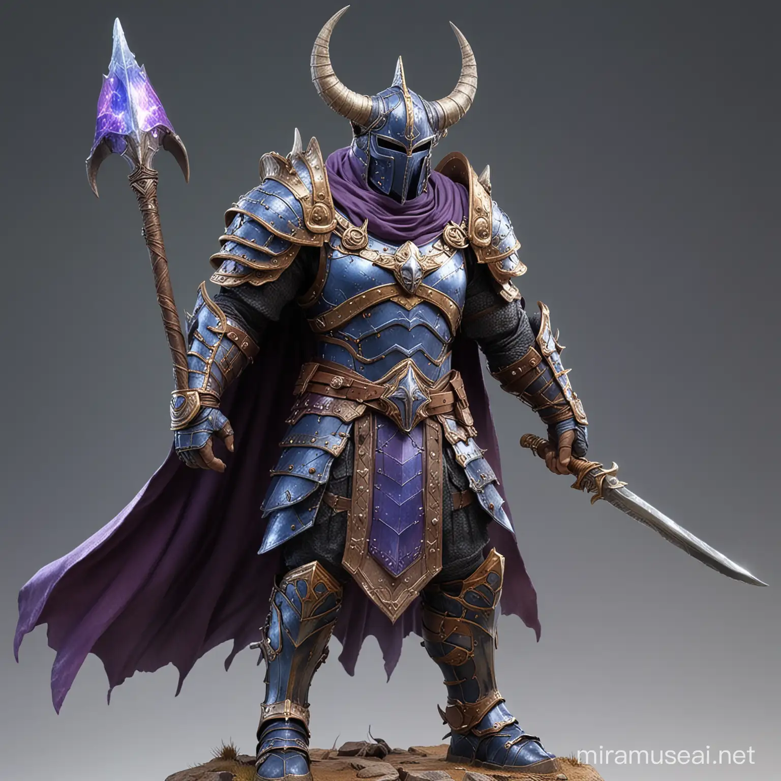 A tall and gargantuan warrior wearing plate mail with a cape, which varies in color but is usually a shade of blue or purple, and a horned helmet, with two large horns curving out from the sides and two smaller vertical horns on the top. A fiery aura all over his body. 