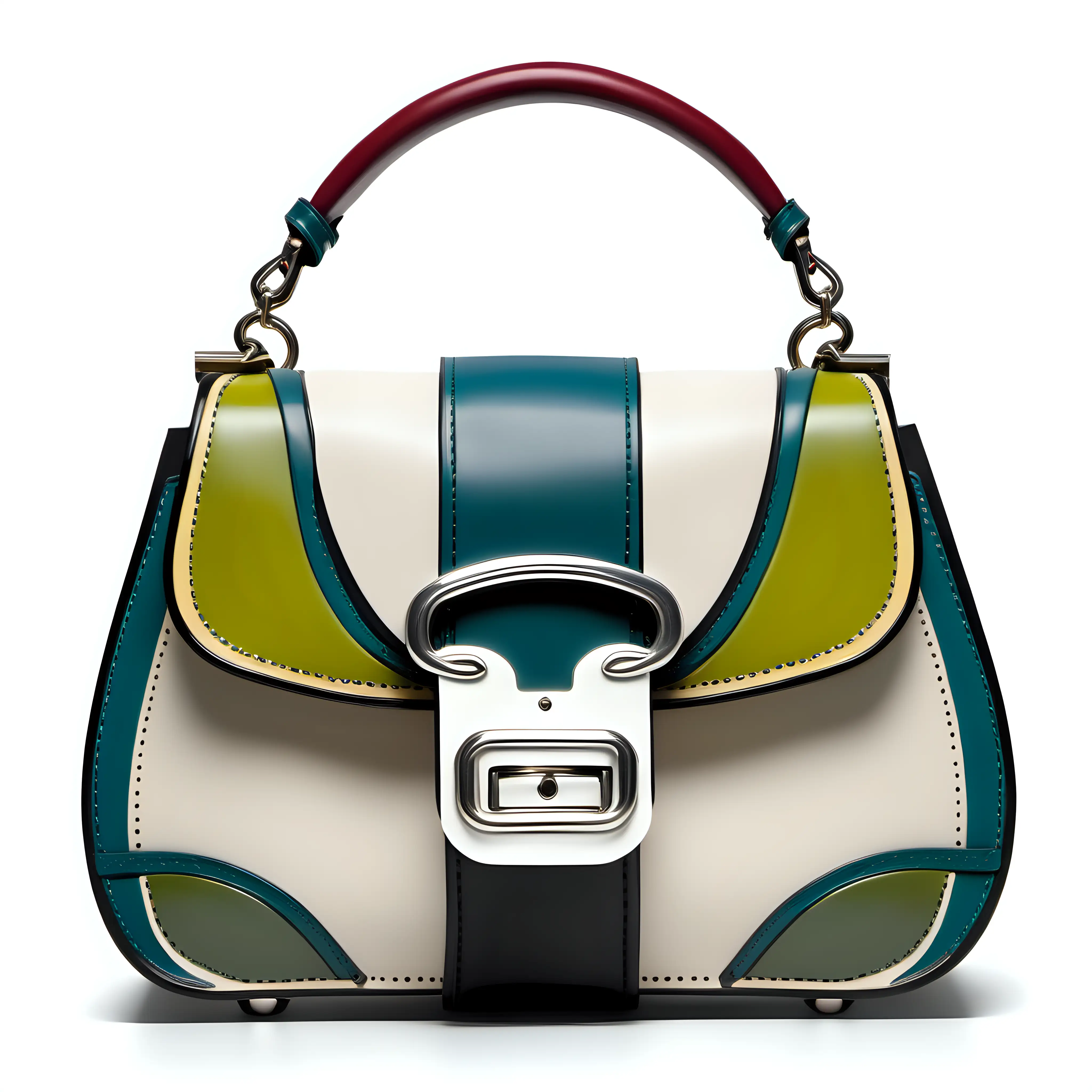 Art Nouveau Inspired Luxury Leather Bag with Color Block Inserts and Metal Buckle