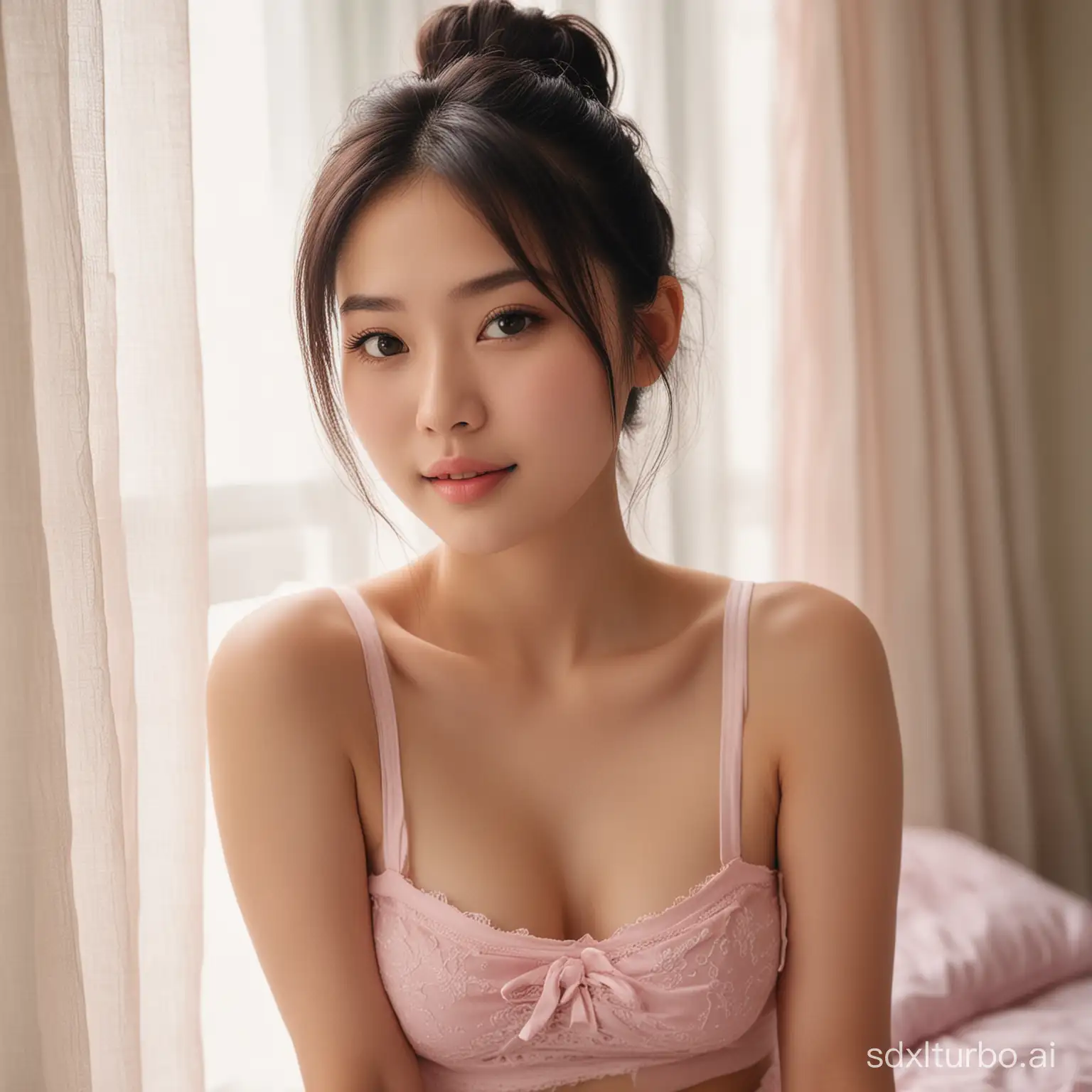 A delightful 20-year-old Asian girl with a petite frame and a small chest, exposing one shoulder in a carefree and alluring manner. Her delicate skin has a pale, almost porcelain-like complexion that accentuates her rosy cheeks and dark eyes. She has straight black hair that cascades down her back, framing her face in a perfect messy bun. She wears a light pink cotton tank top that hugs her slender torso, showing off her youthful curves. Her pink bottoms, which appear to be a combination of shorts and boyshorts, sit low on her hips, revealing a hint of her toned thighs. The room she's in is dimly lit, adding to the cozy and intimate atmosphere, while a soft, warm light filters through the sheer curtains behind her, casting a dreamy glow across her features. The girl in the image exudes an endearing charm and innocence, making her appearance both cute and captivating.