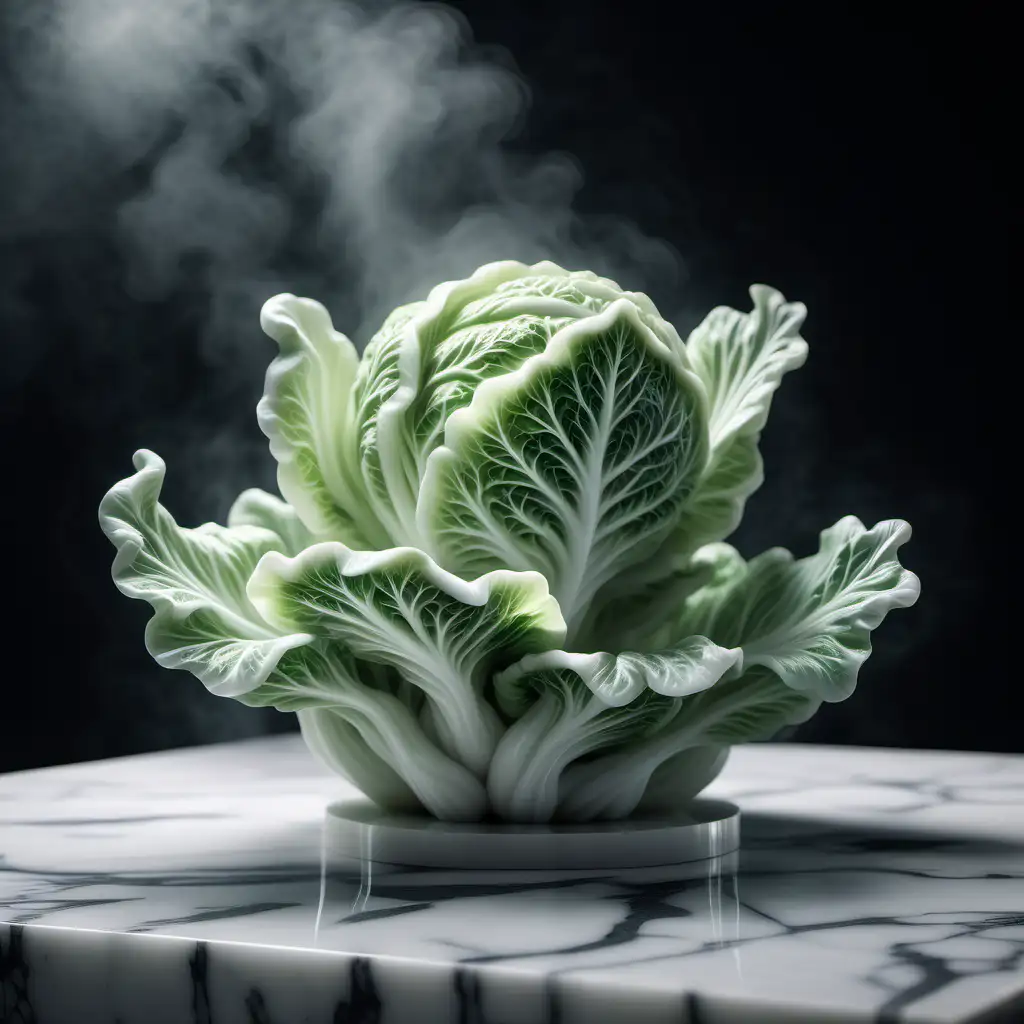 Hyperrealistic White Marble Chinese Cabbage Sculpture in Cyber Environment