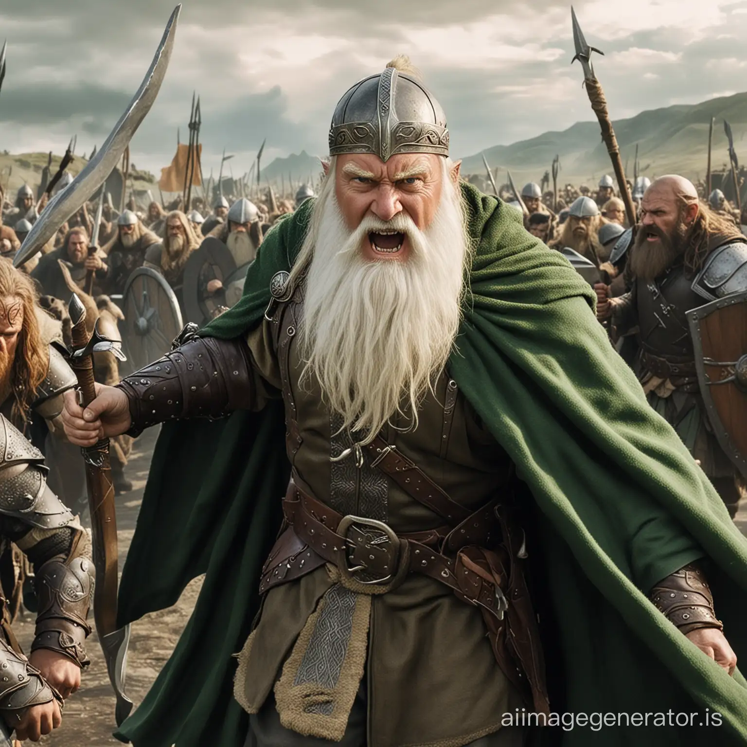 Gimli from lord of the rings fighting in a battle against orcs. He has a white beard and a green cape.