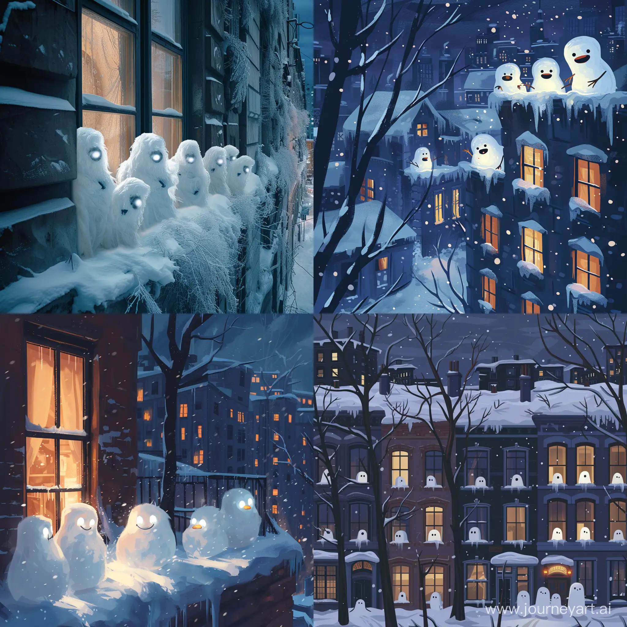 Снежные зимние призраки пришли погреться  к людским домам в ночном, зимнем городе. 