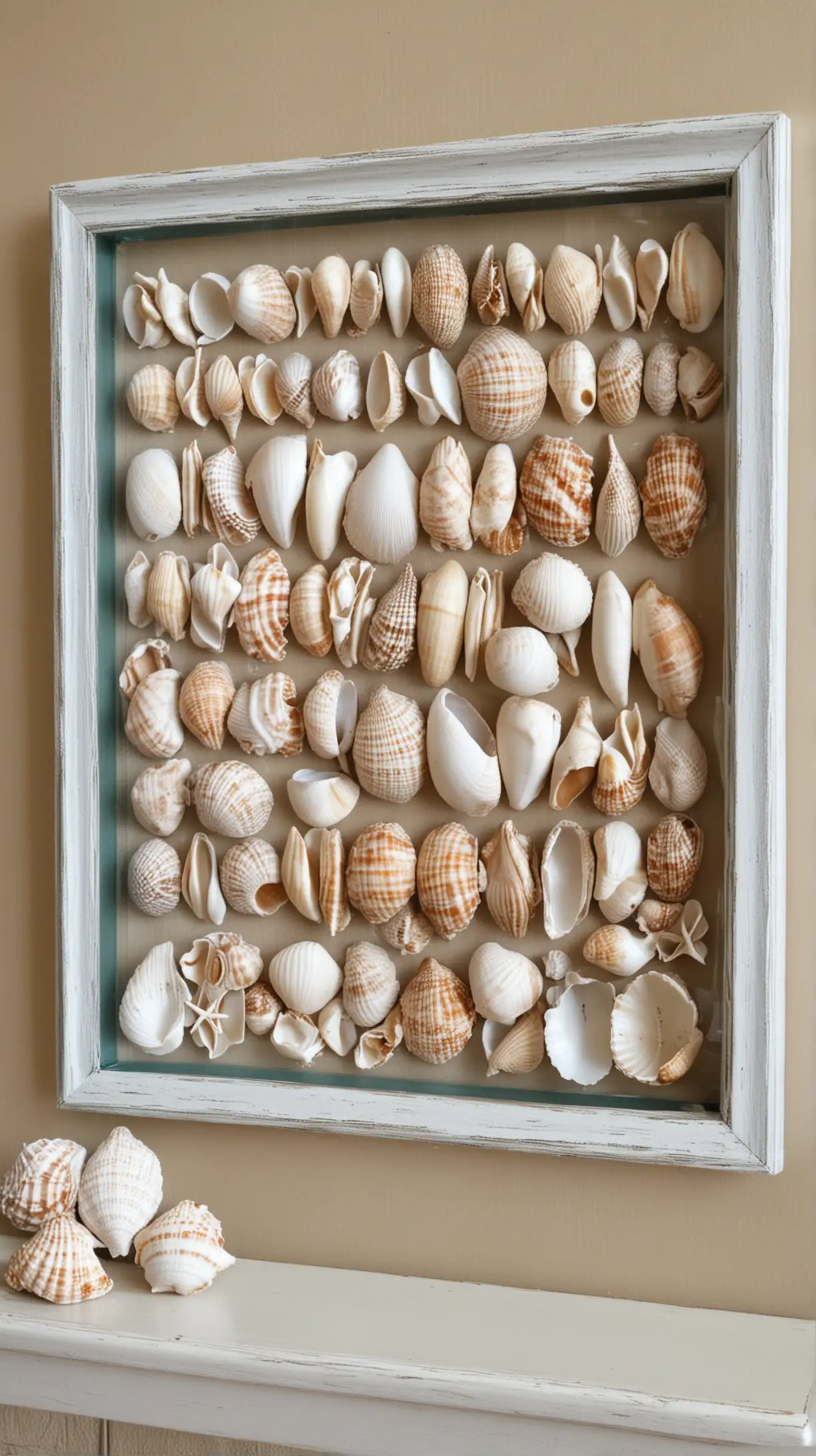 create me the image of Coastal Chic living room idea. Make sure to add the sitting or sofa in the frame. Furthermore everything in the idea should be in the frame of image like. Here's the design you have to create for me [Shell Collection Displays

If you’re a beachcomber like me, displaying a collection of shells you’ve found can be a personal and decorative touch. Arrange them in glass jars or create a shadow box for wall art that’s both meaningful and beautiful.]