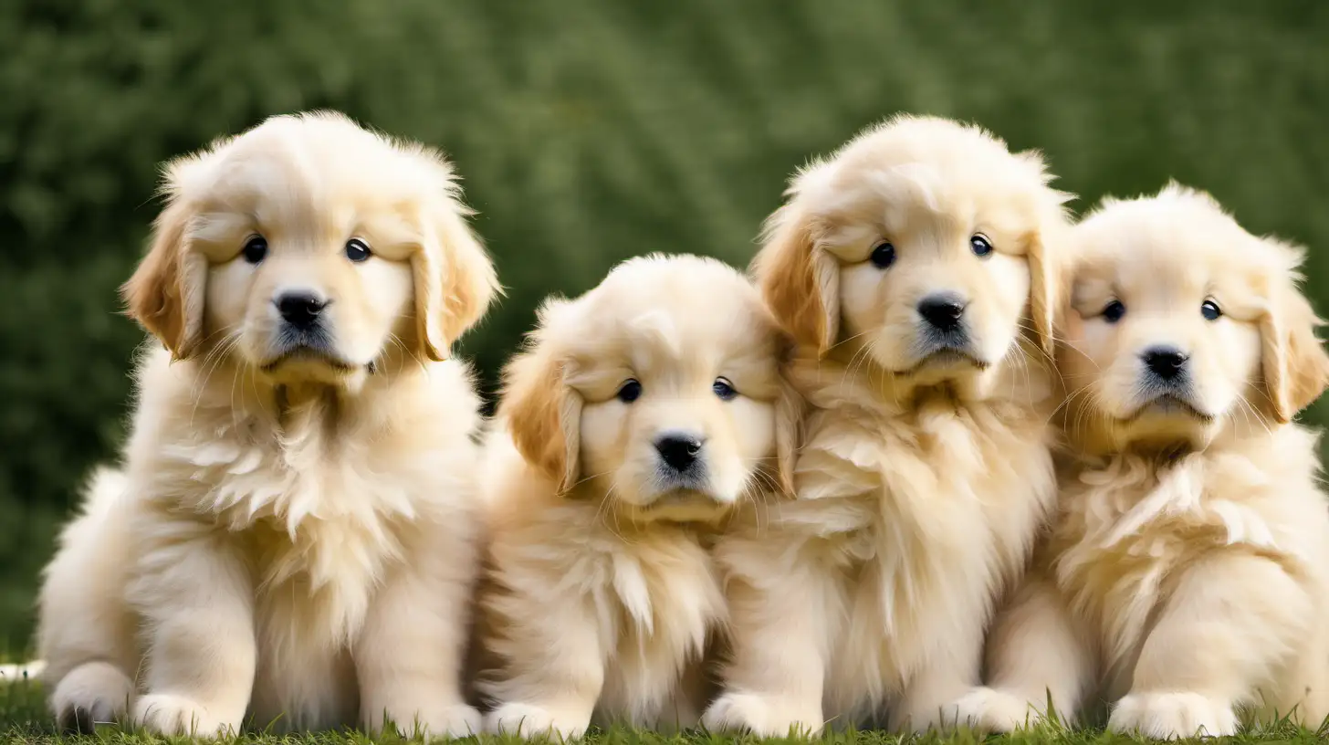 Adorable Fluffy Golden Retriever Puppies Playing in Sunlit Meadow