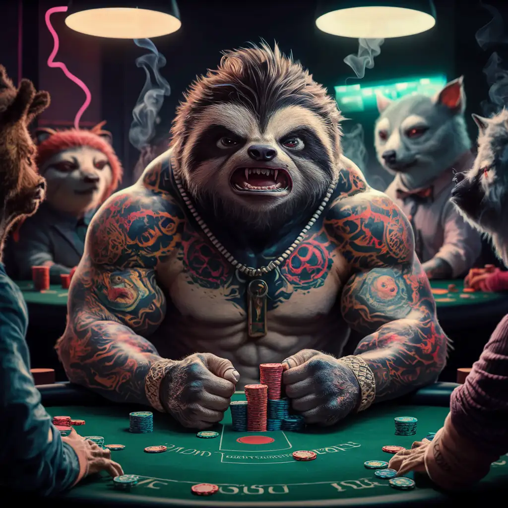 tatoo muscular very angry sloth is playing poker