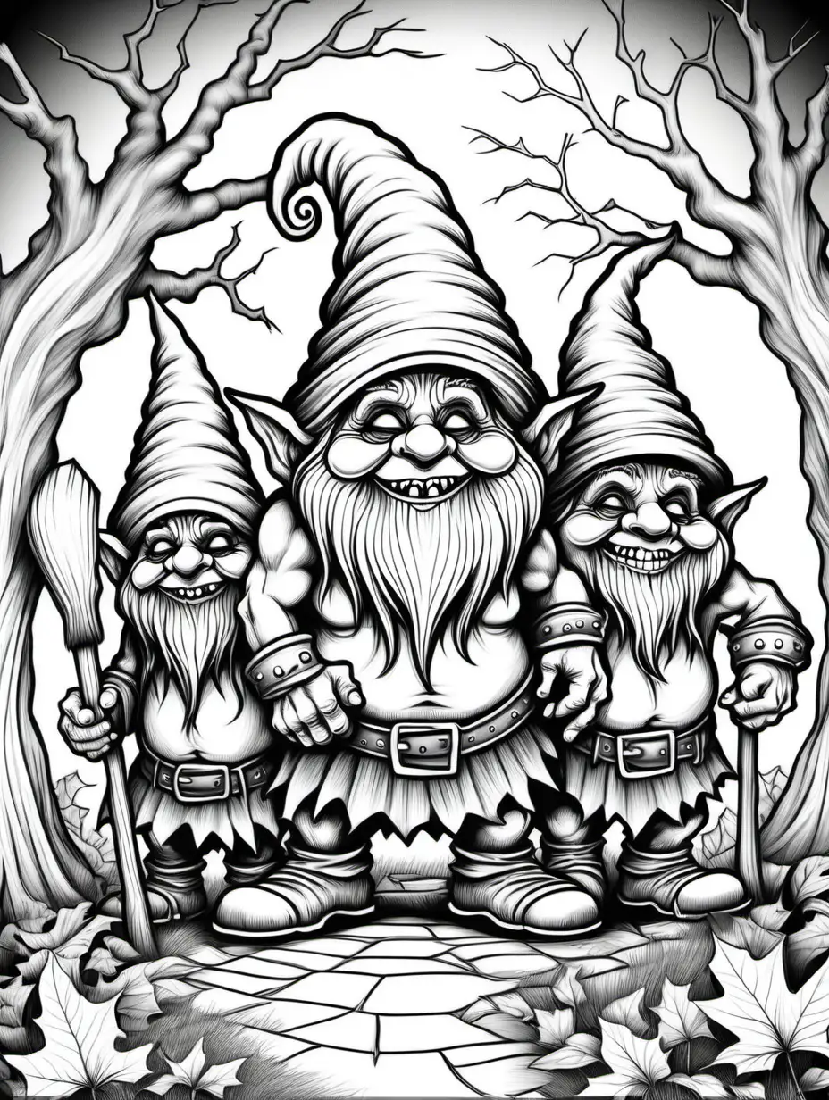 adult coloring page, halloween short ugly troll gnomes, thick lines, low detail, no shading