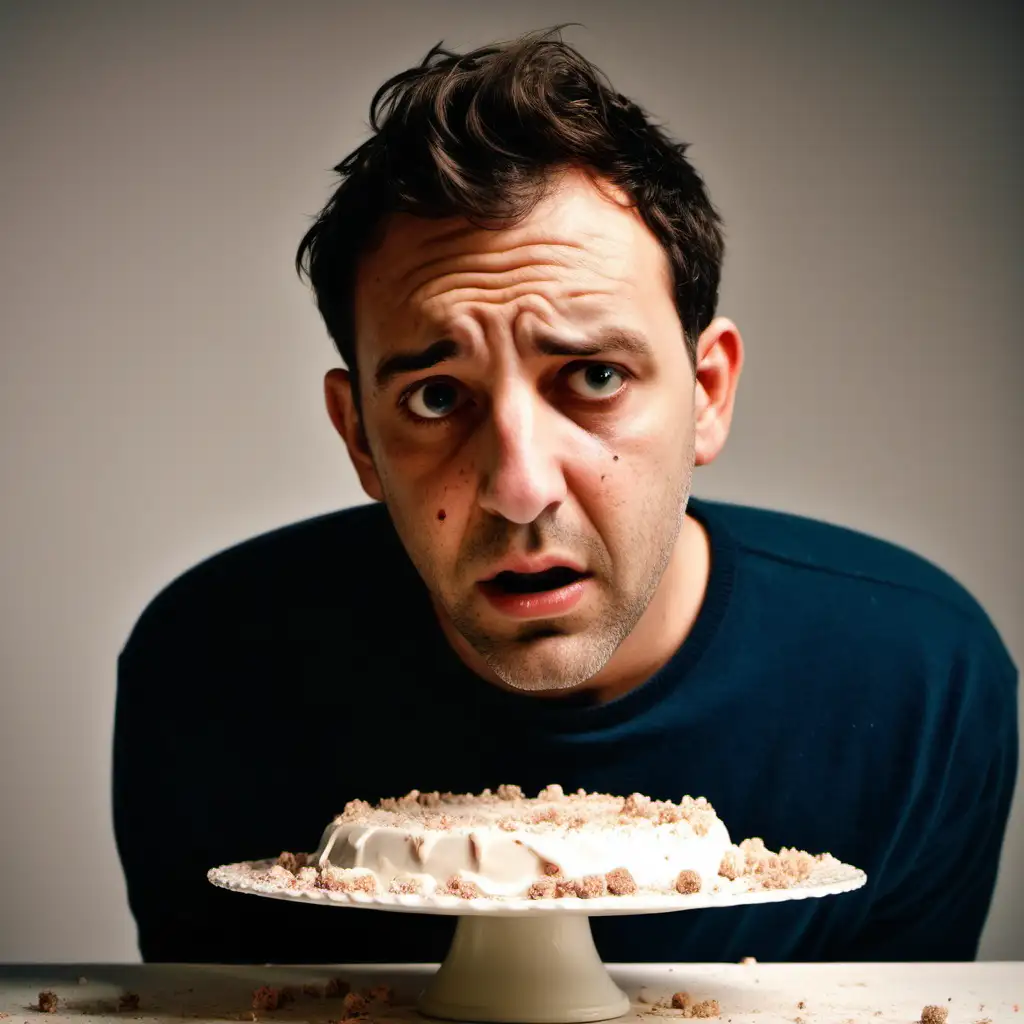 empty cake plate with crumbs and icing on the edge. 

3. MEDIUM ON the MAN. His sad eyes. He slumps. 
