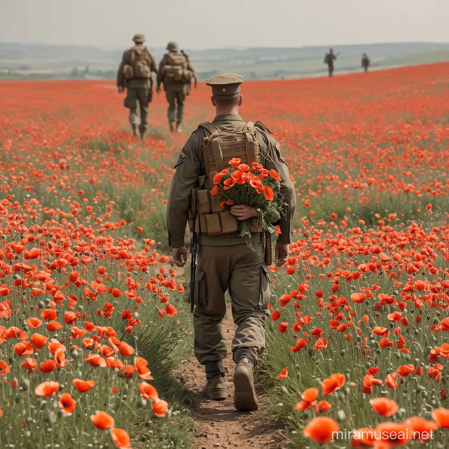 Soldier carrying  friend through poppies  while war in background