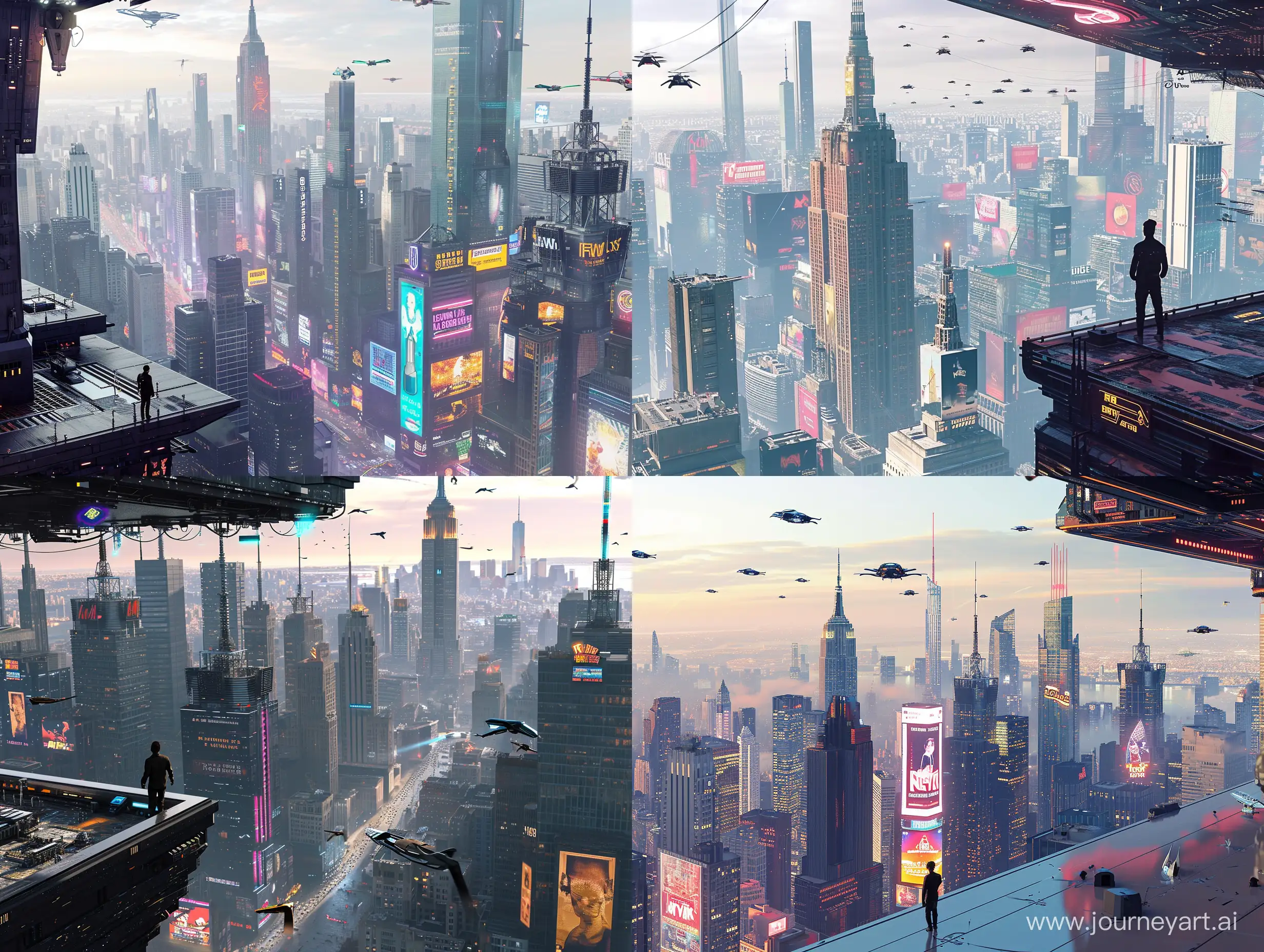 "Create a highly detailed, photorealistic render of a bustling, futuristic science fiction version of New York City during the day. The scene unfolds on the rooftop of a high-rise building with a man standing at the edge, gazing towards the Empire State Building. The cityscape is alive with advanced transportation systems, including flying vehicles weaving between skyscrapers adorned with holographic billboards and neon signs. The architecture is a blend of familiar New York landmarks and ultra-modern structures, reflecting a sophisticated urban future. The atmosphere is vibrant with the dynamic visuals of a sci-fi metropolis, complete with reflections and intricate lighting effects that capture the essence of a day in the life of a future New York."




