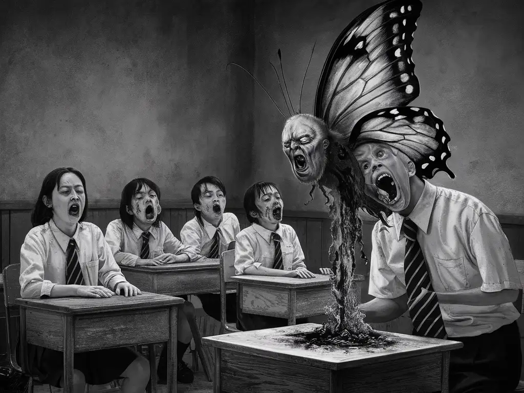 A schoolboy in the style of Junji Ito suddenly begins to vomit a butterfly, creating a gruesome scene. Five students sit at desks nearby, frozen in astonishment at the sight. Everything is depicted in black and white, increasing the contrast.