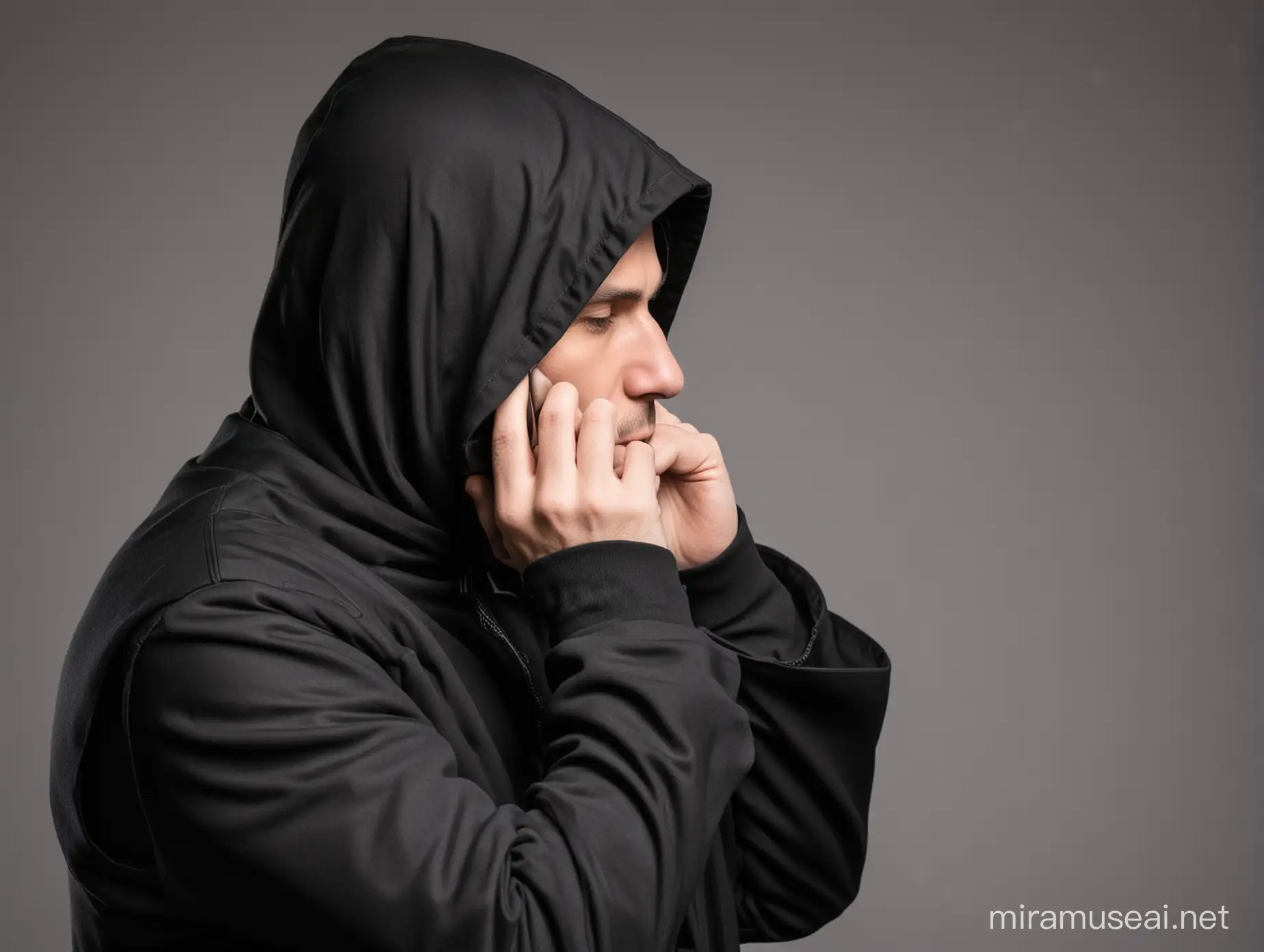 Mysterious Figure in Black Hood Speaking on Phone