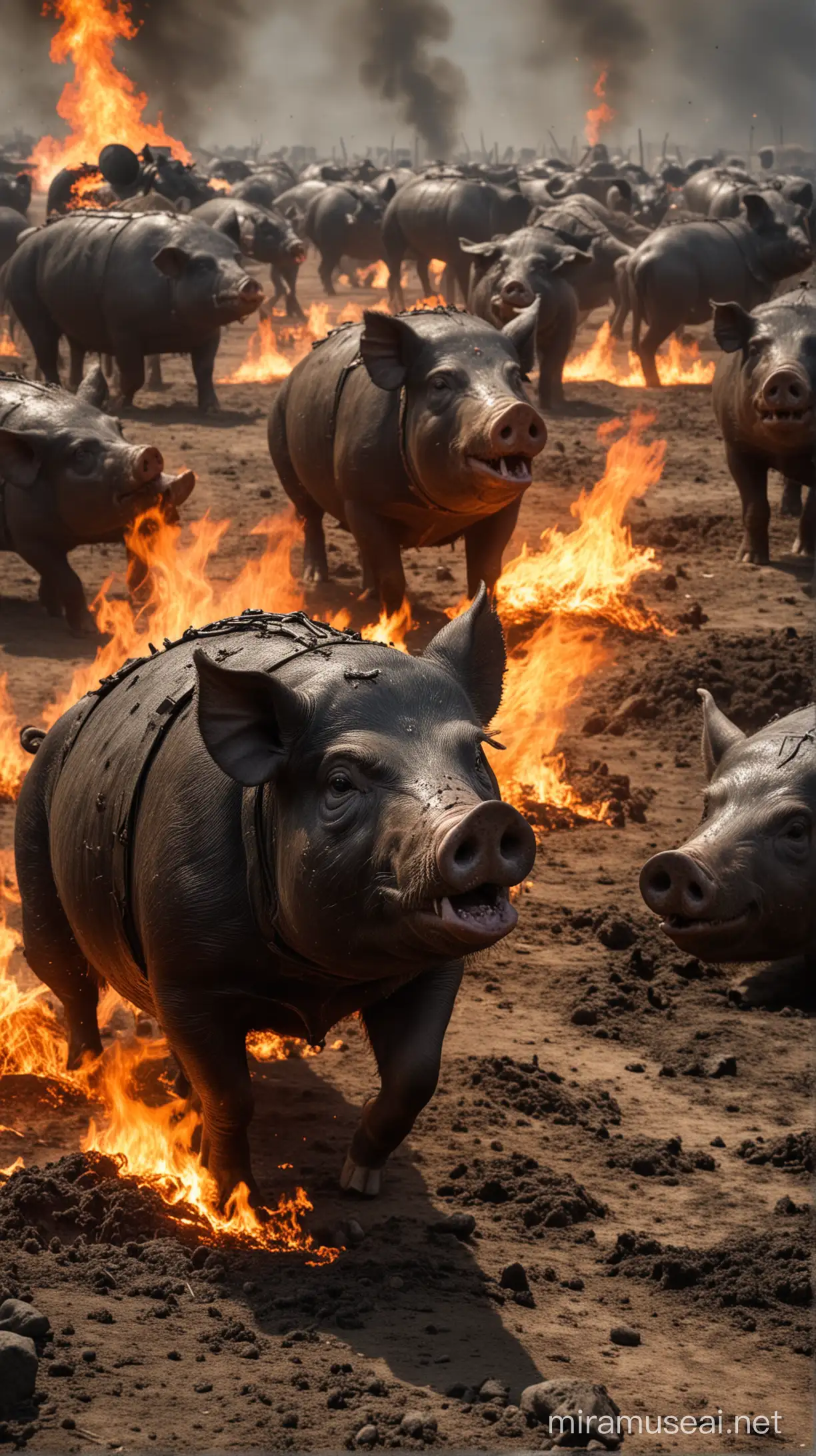 War Pigs: One of the ancient war strategies was the use of war pigs. According to this strategy, pigs were covered with tar and then set on fire before being sent to enemy lines to cause chaos. In the visual, the fiery state of the war pigs and their advancement towards the battlefield can be depicted in detail.

