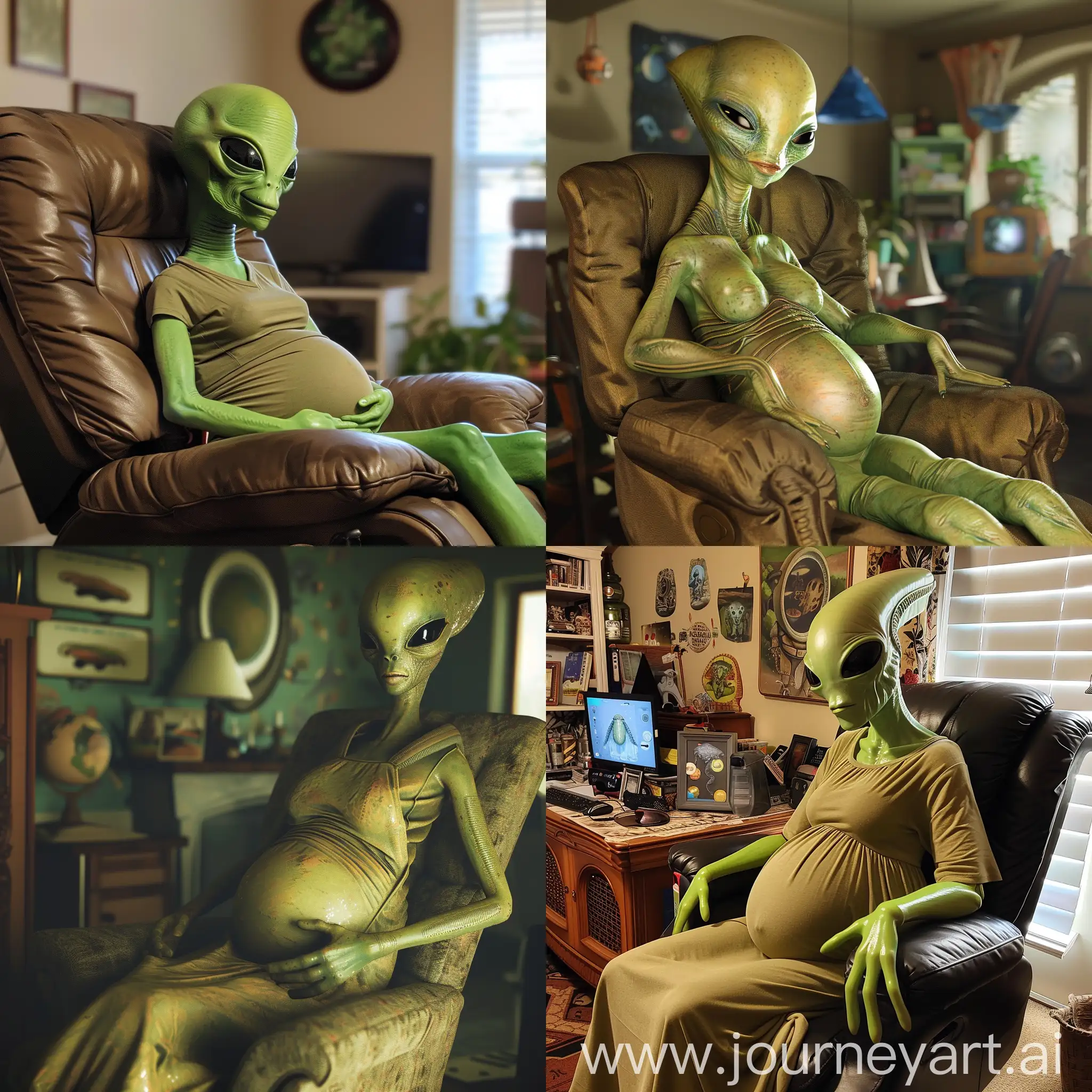 Pregnant-Green-Alien-Relaxing-in-Recliner-Chair
