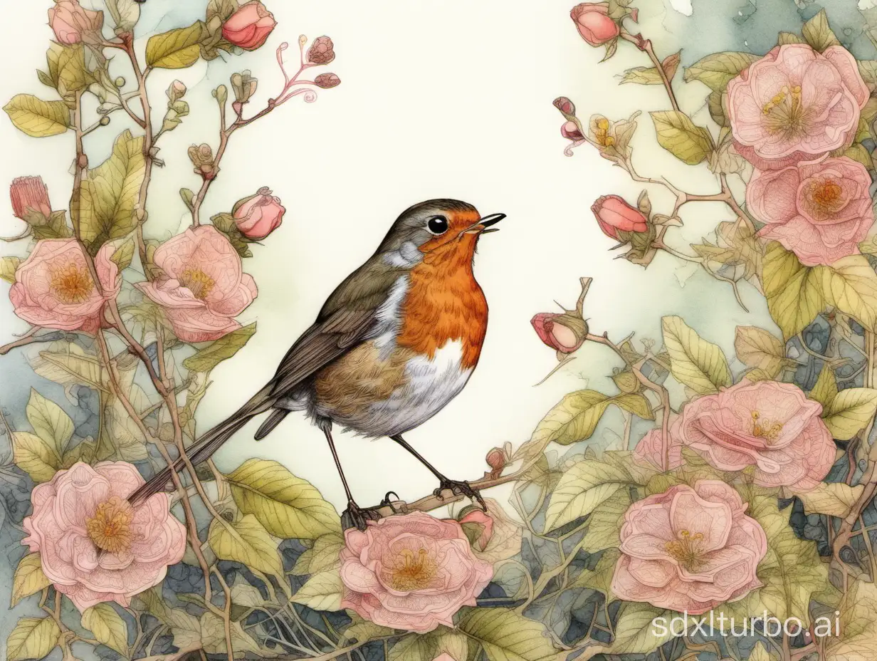 a robin sings on a flowery branch, highly and delicately detailed drawing, intricated watercolor