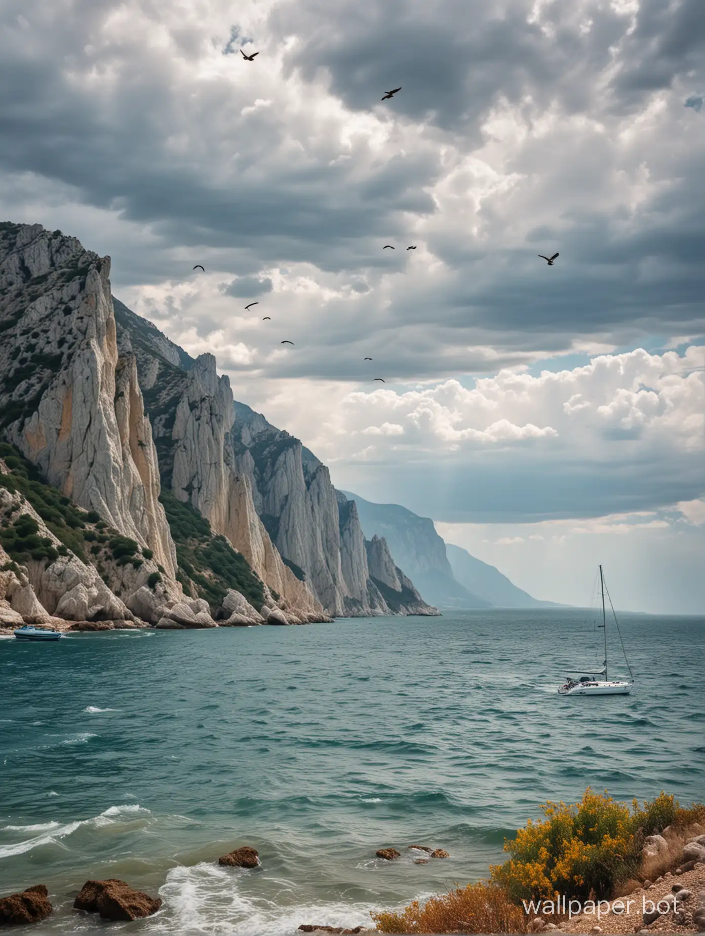 shore of the sea in Crimea, mountains, birds, yacht, clouds