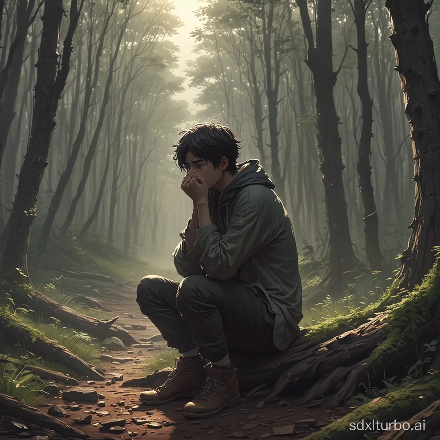 Alone guy in the woods,sitting crying,emotional, dramatic,anime style