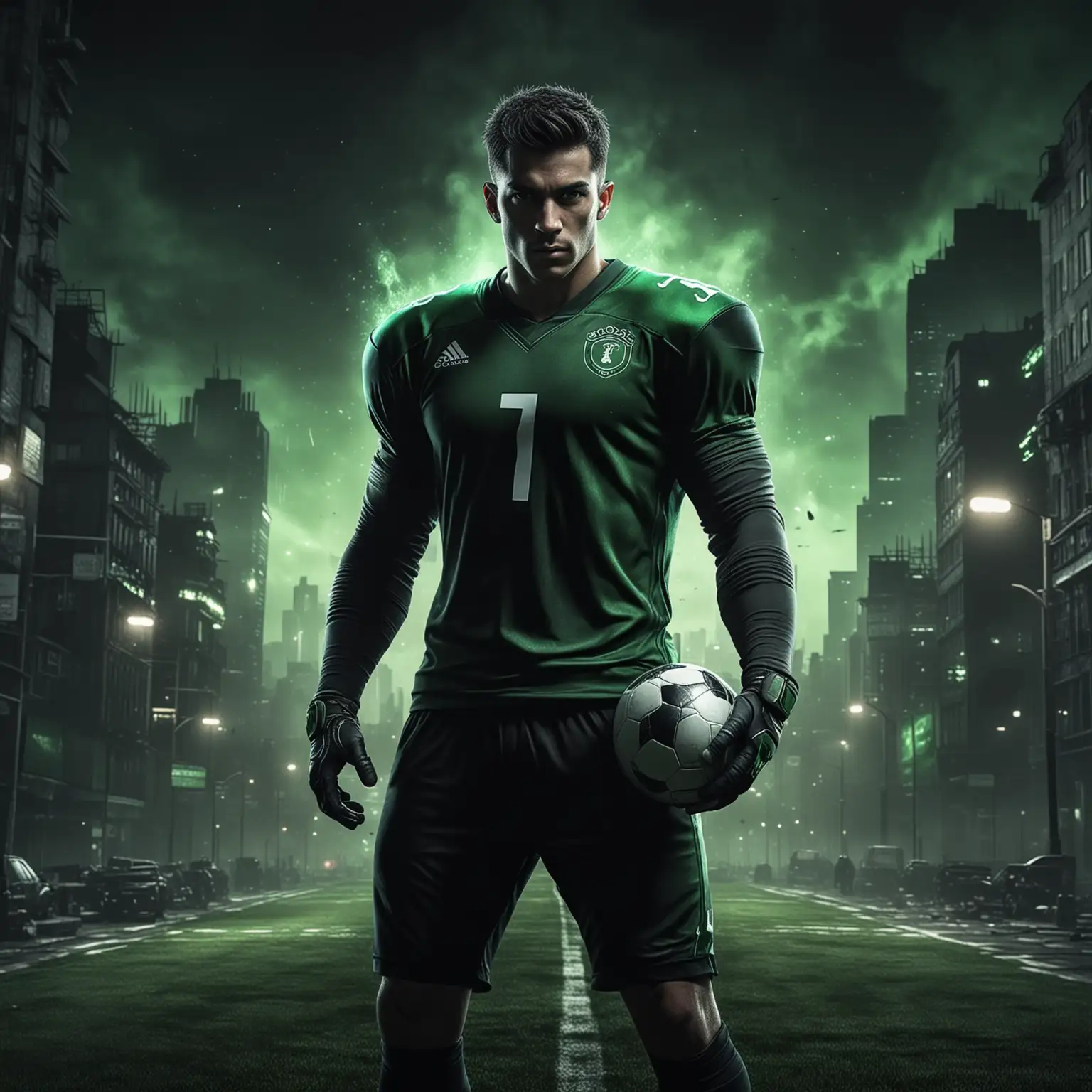 足球选手角色，穿黑绿色衣服，黑暗城市有氛围感的背景，有特效，黑绿色的色调，逼真，4k高清，