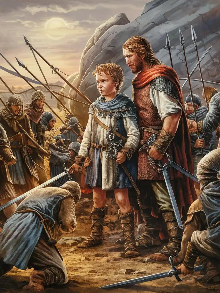In the Iron Age, a young king with his strong knight is visiting the training of his army's swordsmen and spearmen.