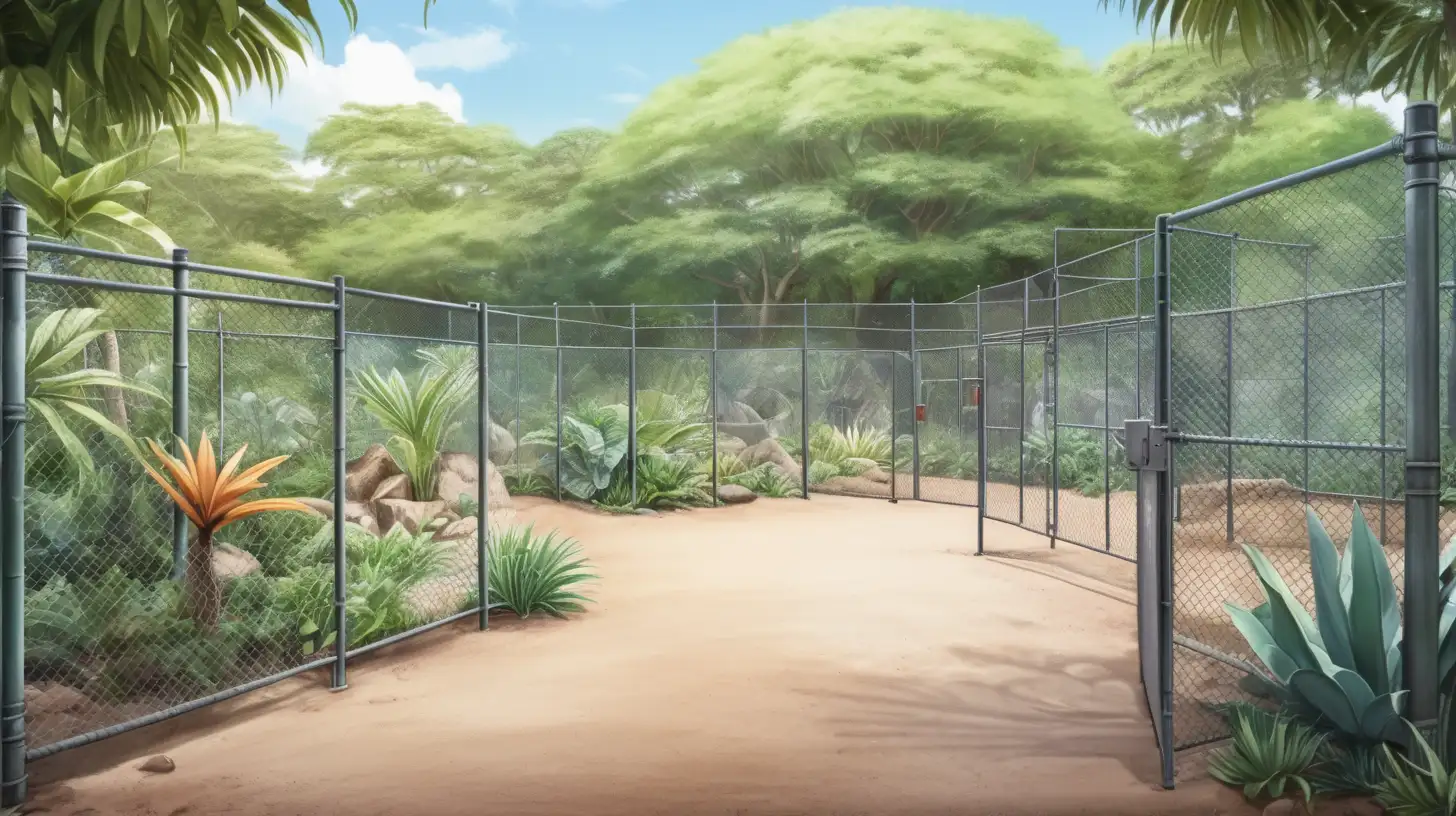 A landscape picture of an empty wildlife enclosure in an Australian zoo with tropical plants and a security fence. In an anime style.