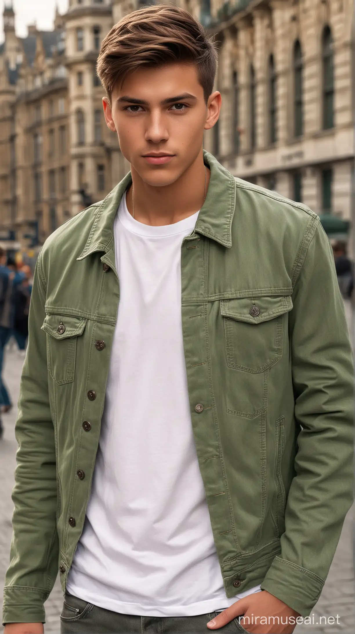 a very handsome young man, 18 yo, wearing a white t-shirt, sage green denim jacket, background bigben.ultra realistic