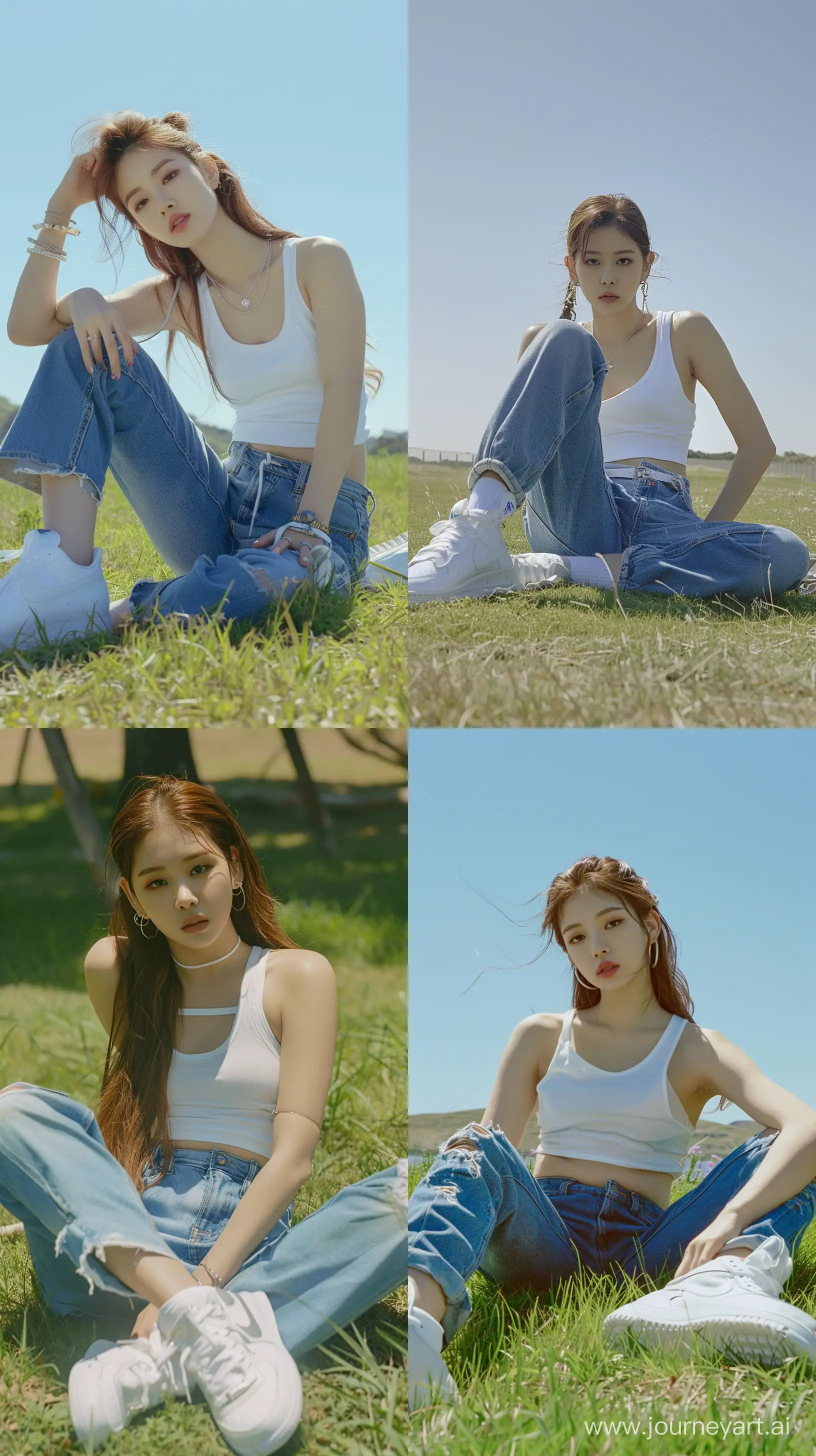 Blackpinks-Jennie-in-Casual-White-Tank-Top-and-Oversized-Blue-Jeans