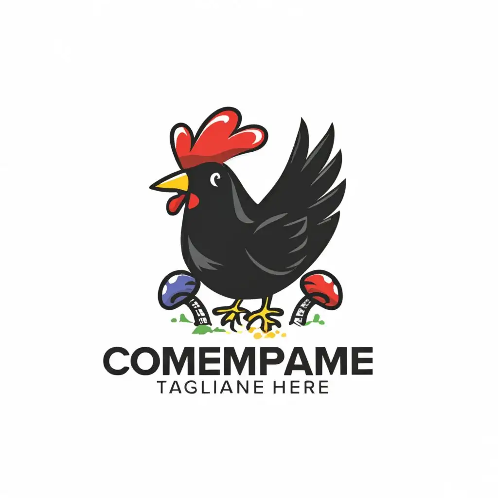 a logo design,with the text "Fragrance of the Deadland", main symbol:A whimsical illustration of a black chicken pecking at a mushroom, with vibrant colors to convey a sense of freshness and vitality.,Moderate,clear background