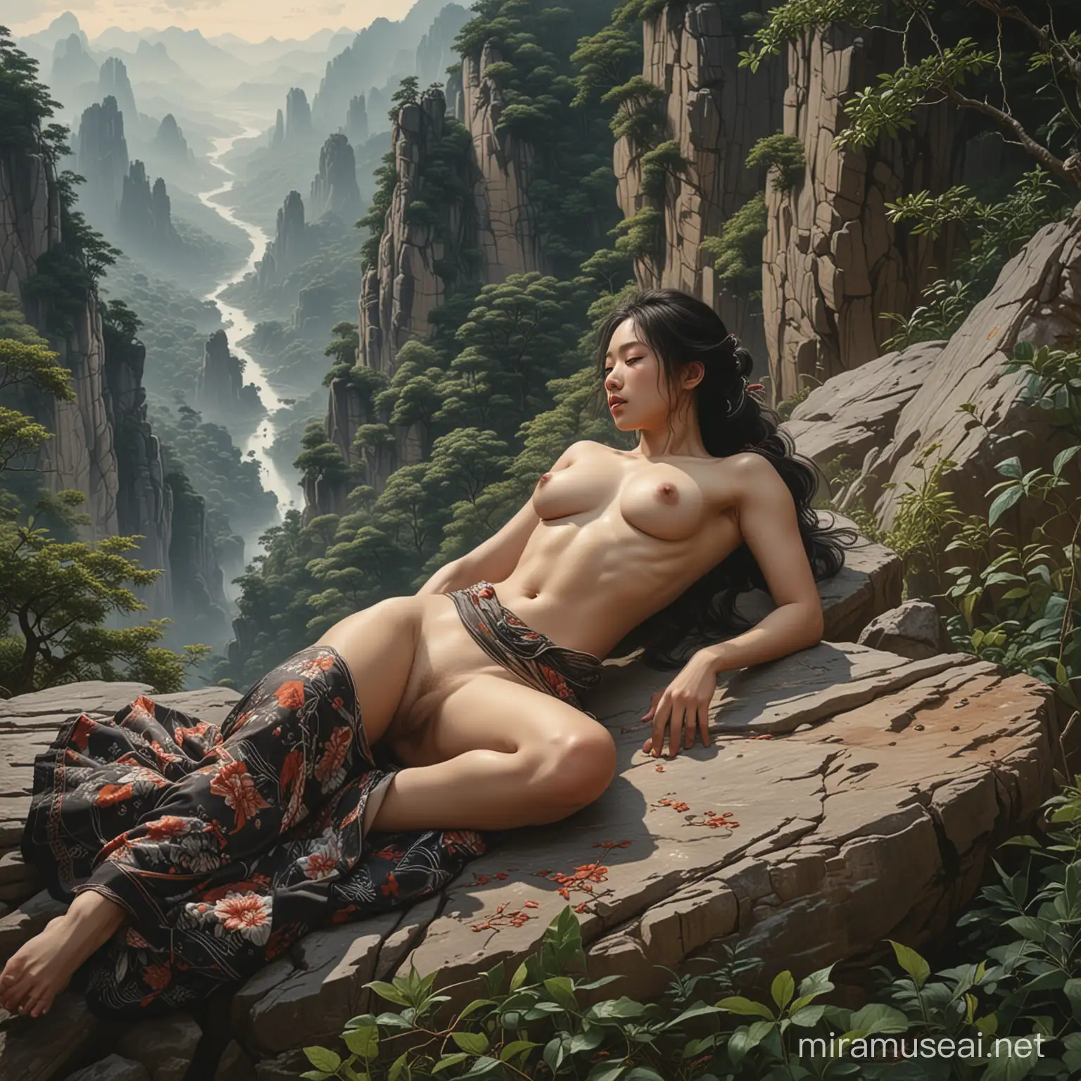 Serene Cliffside with Wulingyuan Mountains and Black Woman Embracing Nature