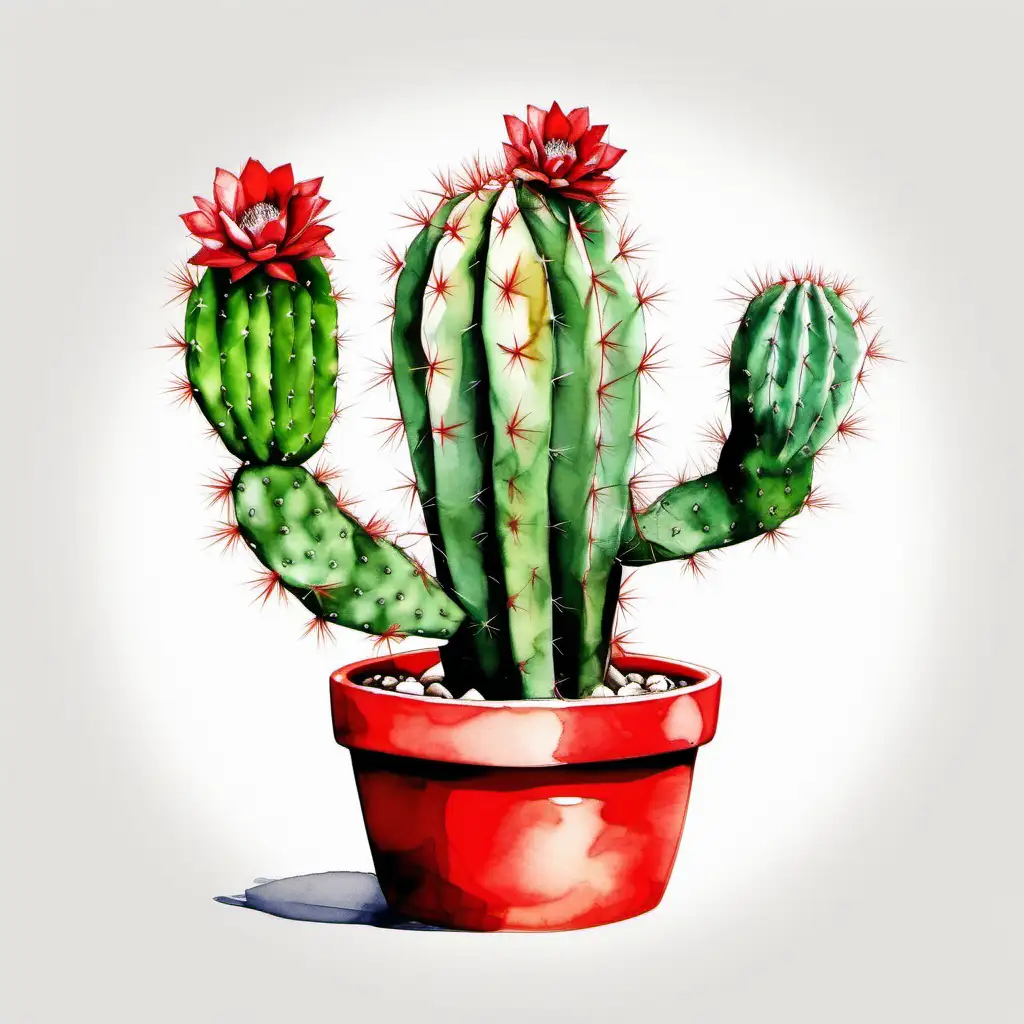 Vibrant Watercolor Cactus in Red Pot on White Background