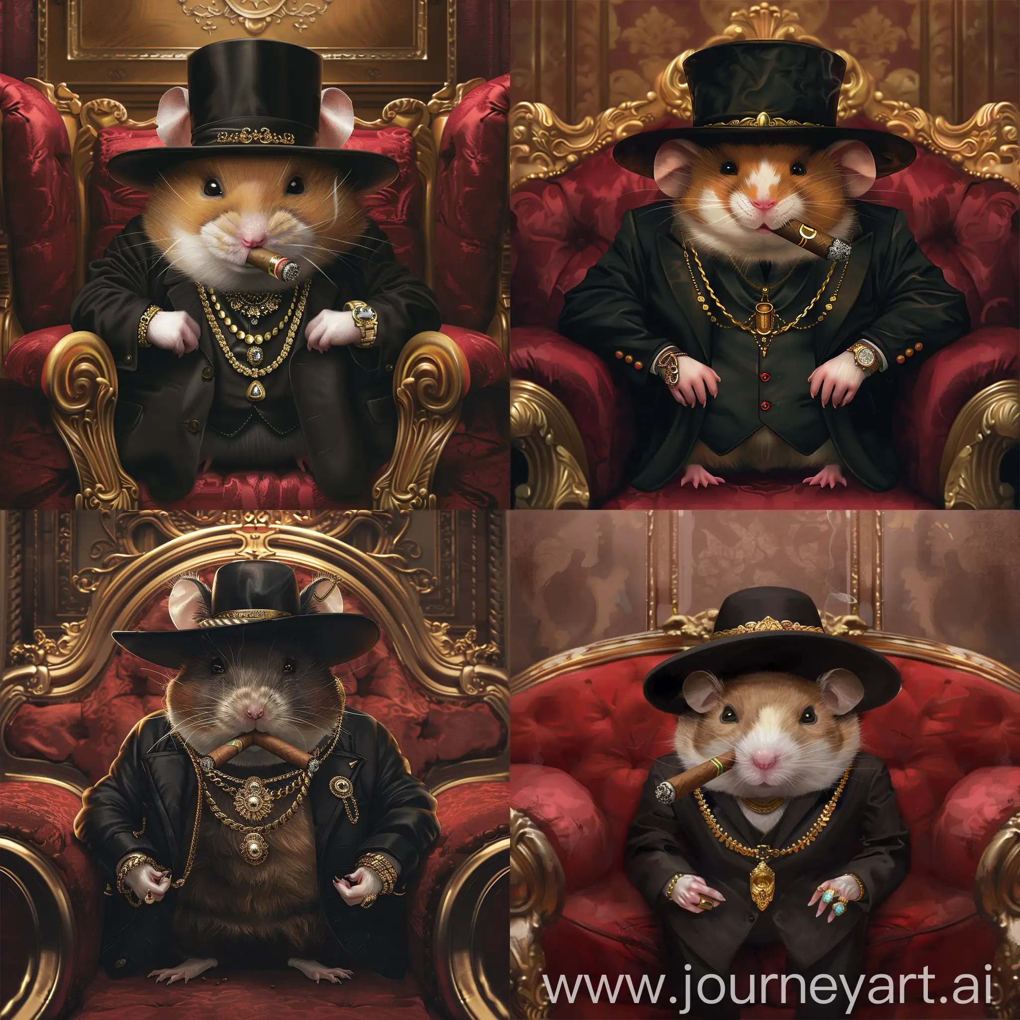 "A wealthy cute hamster in a black suit and hat, with a large cigar leaf on his lips, a large gold necklace around his neck, and several expensive rings on his fingers, sitting on a luxurious red sofa, placing his hands on the sofa arms, staring into the camera, draw it for me."