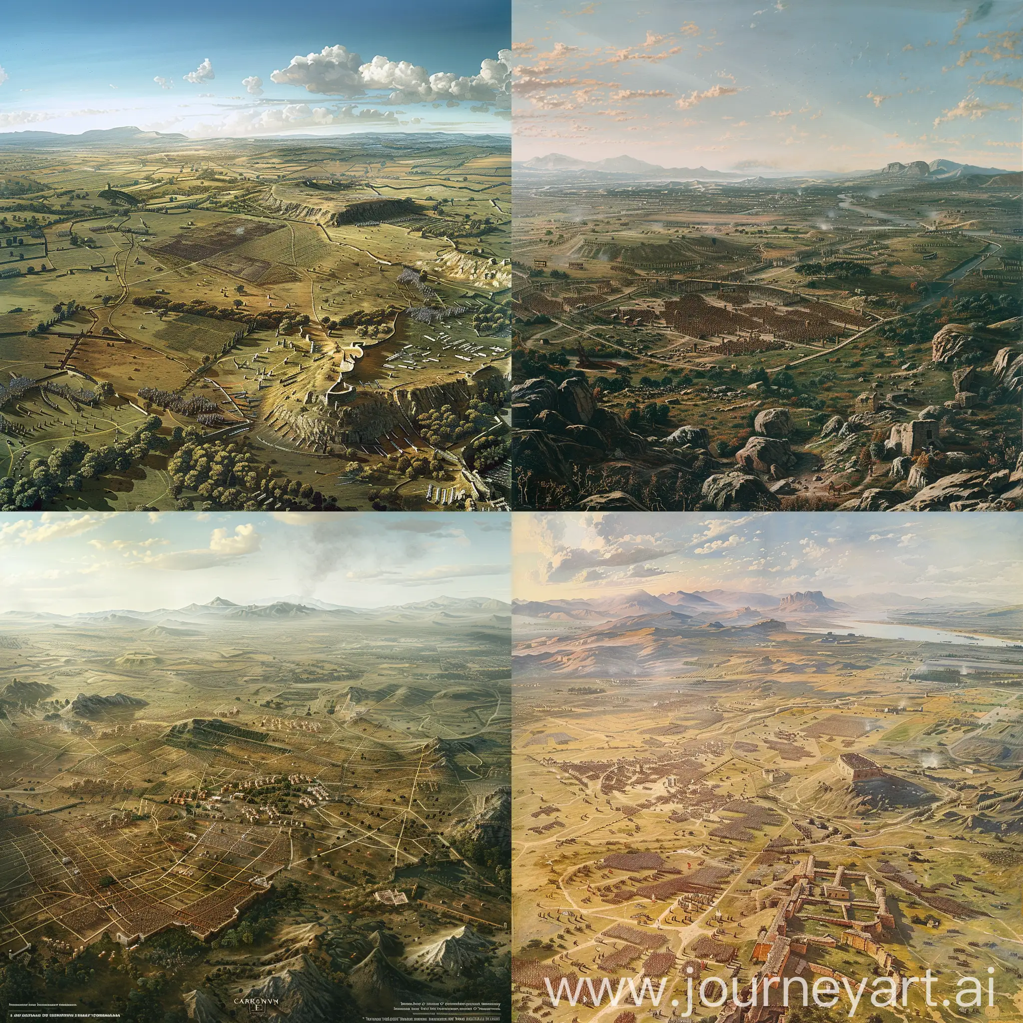 A panoramic view of the battlefield at Cannae, showcasing the vast expanse of the Carthaginian encirclement and the trapped Roman army