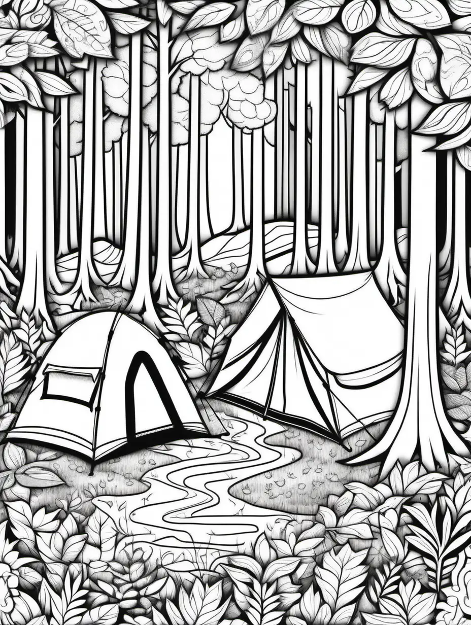 camping in a forest, adult coloring page, doodle floral art background, black and white, thick black lines, clean edges, full page, color by number