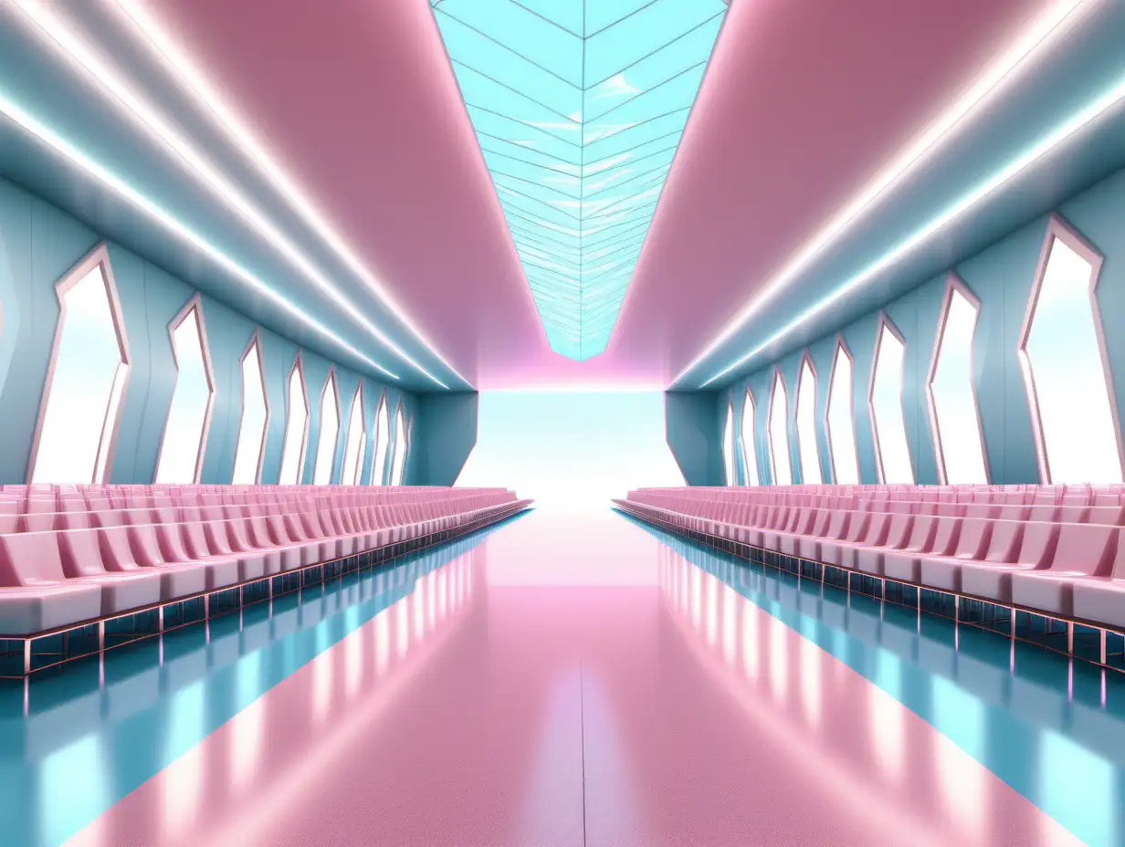 long luxury runway interior. double height. elegant catwalk stage surrounded by seats. iridescent pink and baby blue. smooth surface floors. diamond encrusted fluid ceiling. archviz. lights. 1-point perspective. frontal perspective.