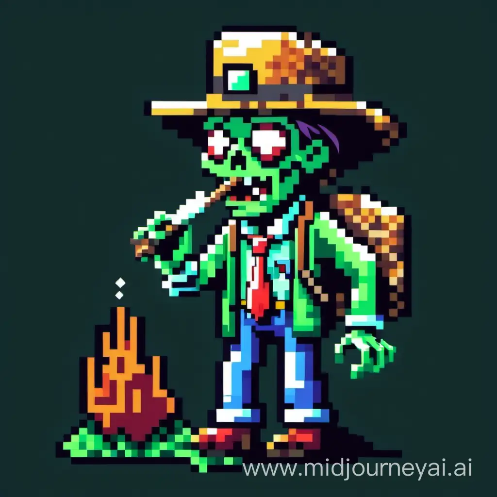 nft-style pixel art of a zombie smoking a hash pipe with a farmer's hat
