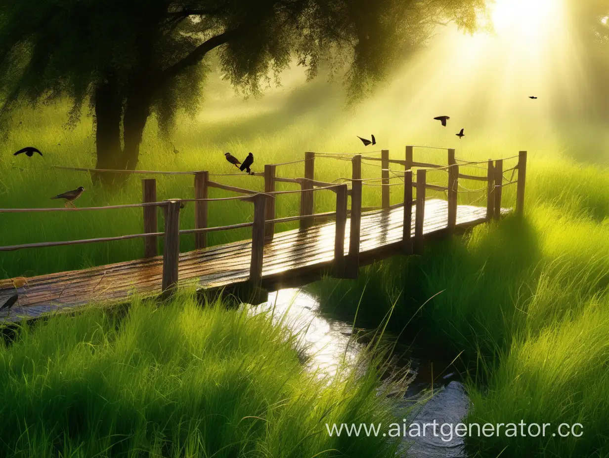Tranquil-Morning-Scene-Wooden-Bridge-Over-Lush-Green-Meadow-with-Sunlit-Water-Stream