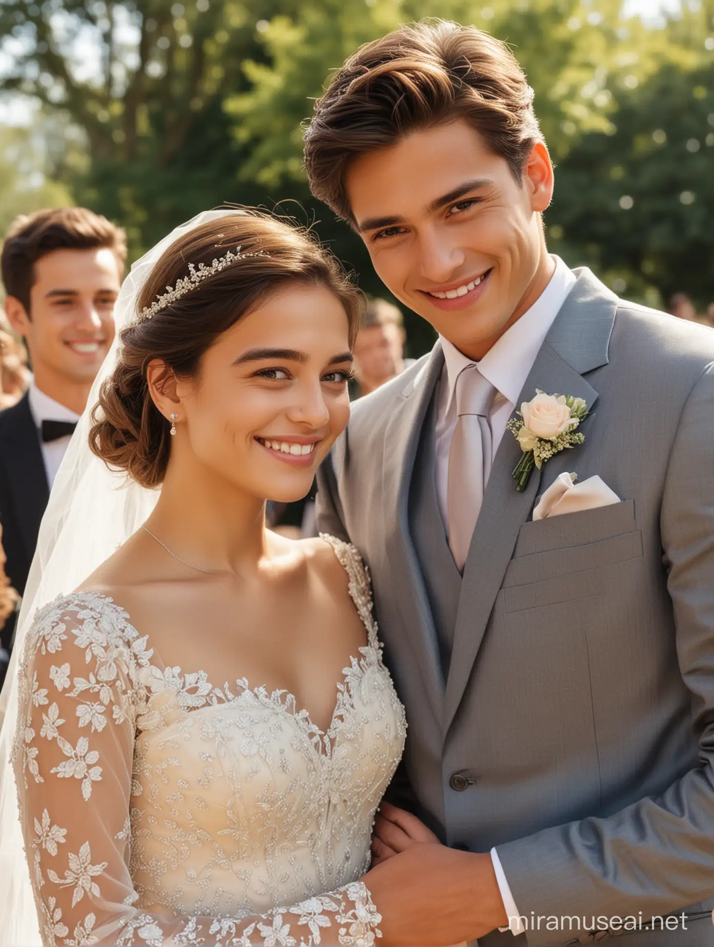 At the sunny wedding, a handsome men in 18 yo 
oval face,  handsome suits admire beautiful ladies. The lady dressed in a gorgeous gown gently rested her hand on the man's shoulder and stared at the camera with a smile.